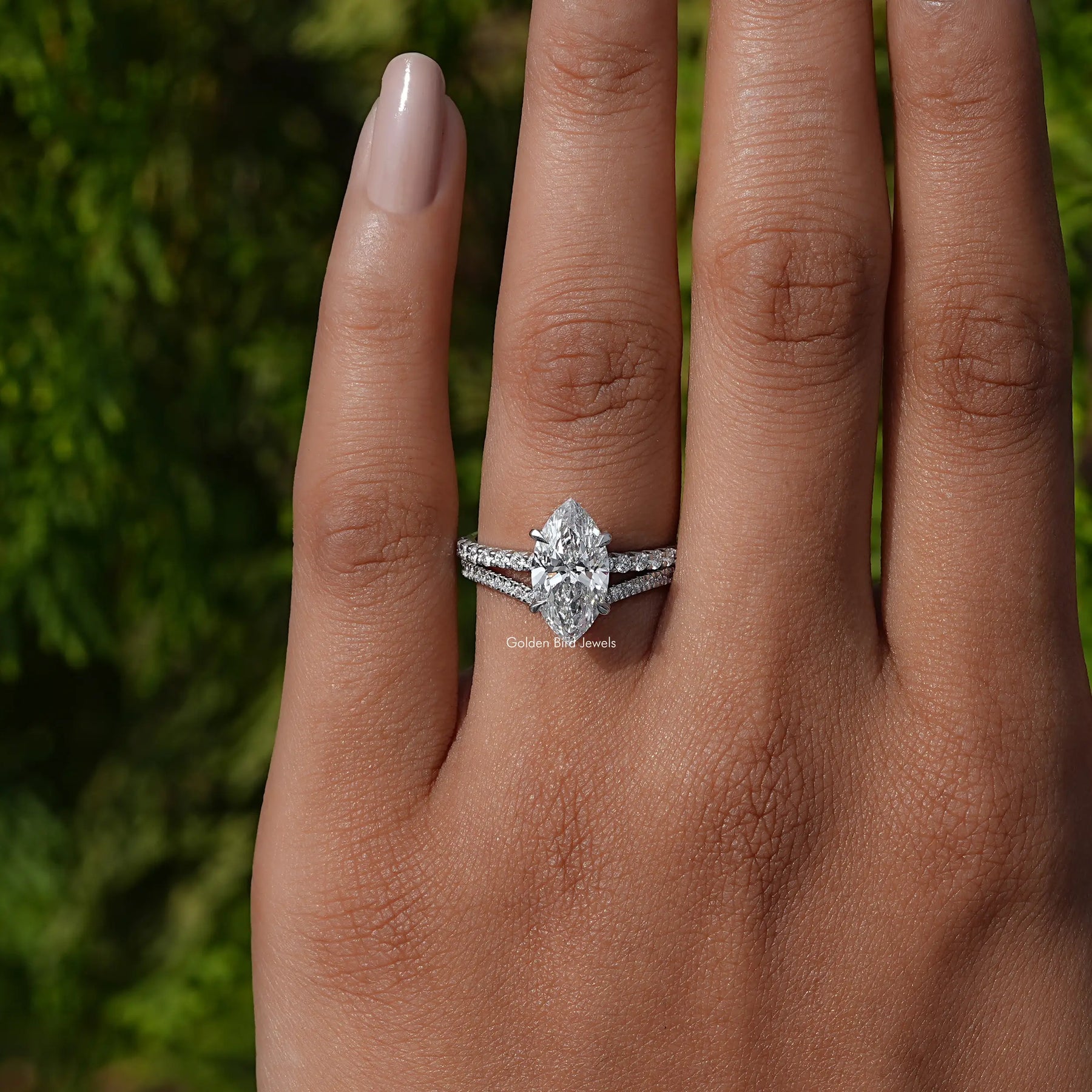 Close-Up View of A Marquise Cut Lab Diamond Bridal Ring Set