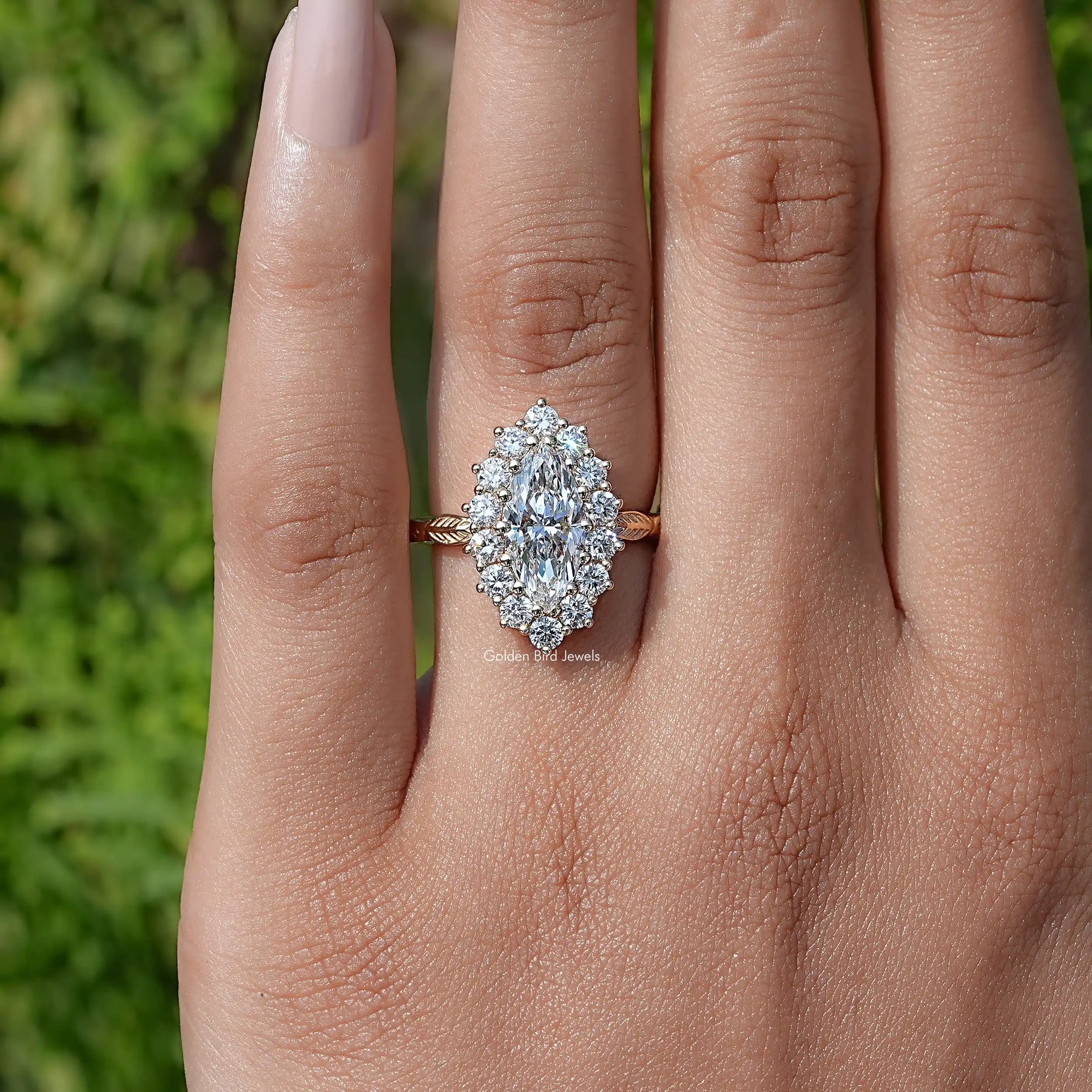 View of Marquise Lab Diamond Halo Engagement Ring In Finger