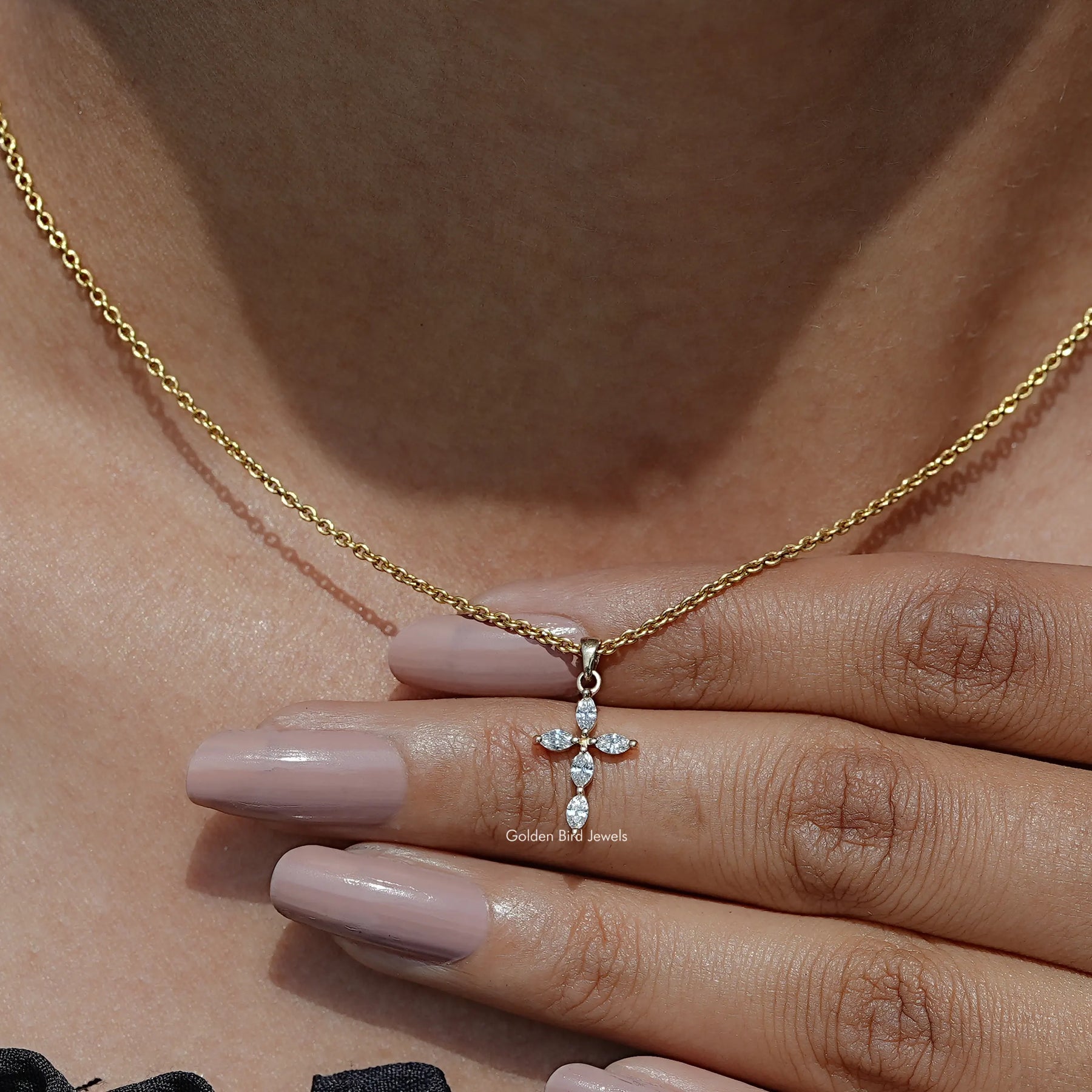 Close-Up View of Marquise Lab Diamond Cross Pendant In Yellow Gold