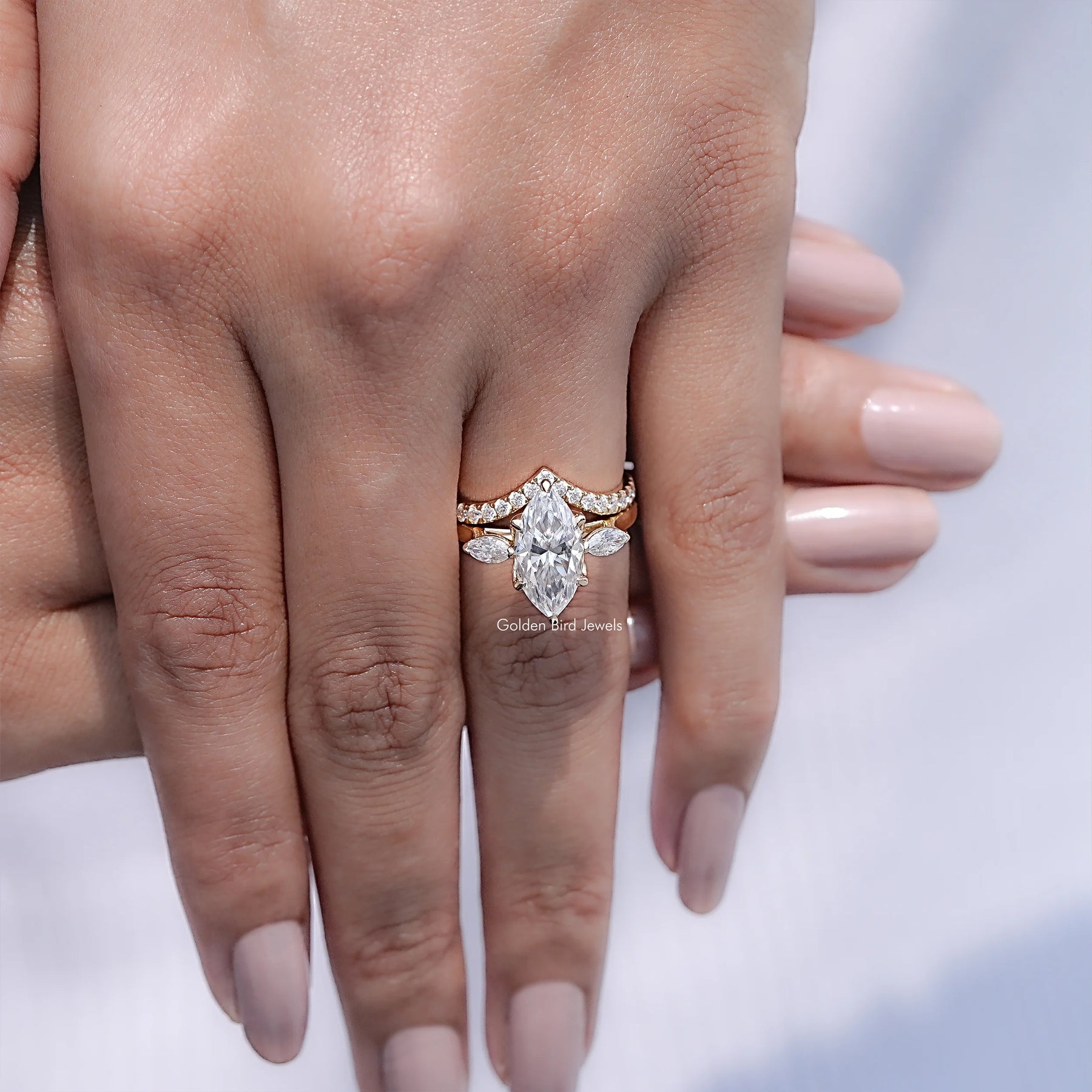 Marquise Cut Moissanite Three Stone Bridal Ring Set