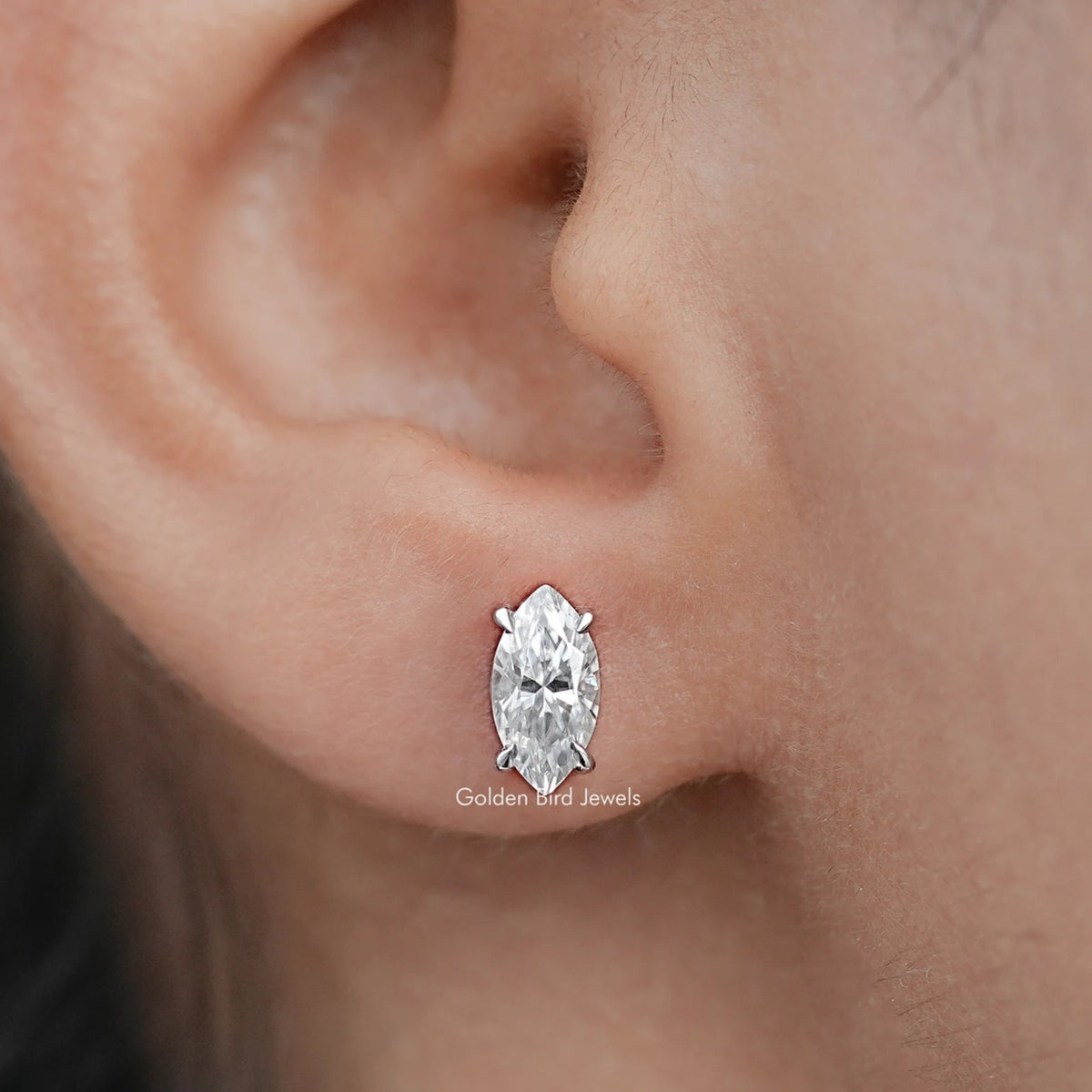 In Ear View Of Marquise Moissanite Solitaire Stud Earrings in prongs setting