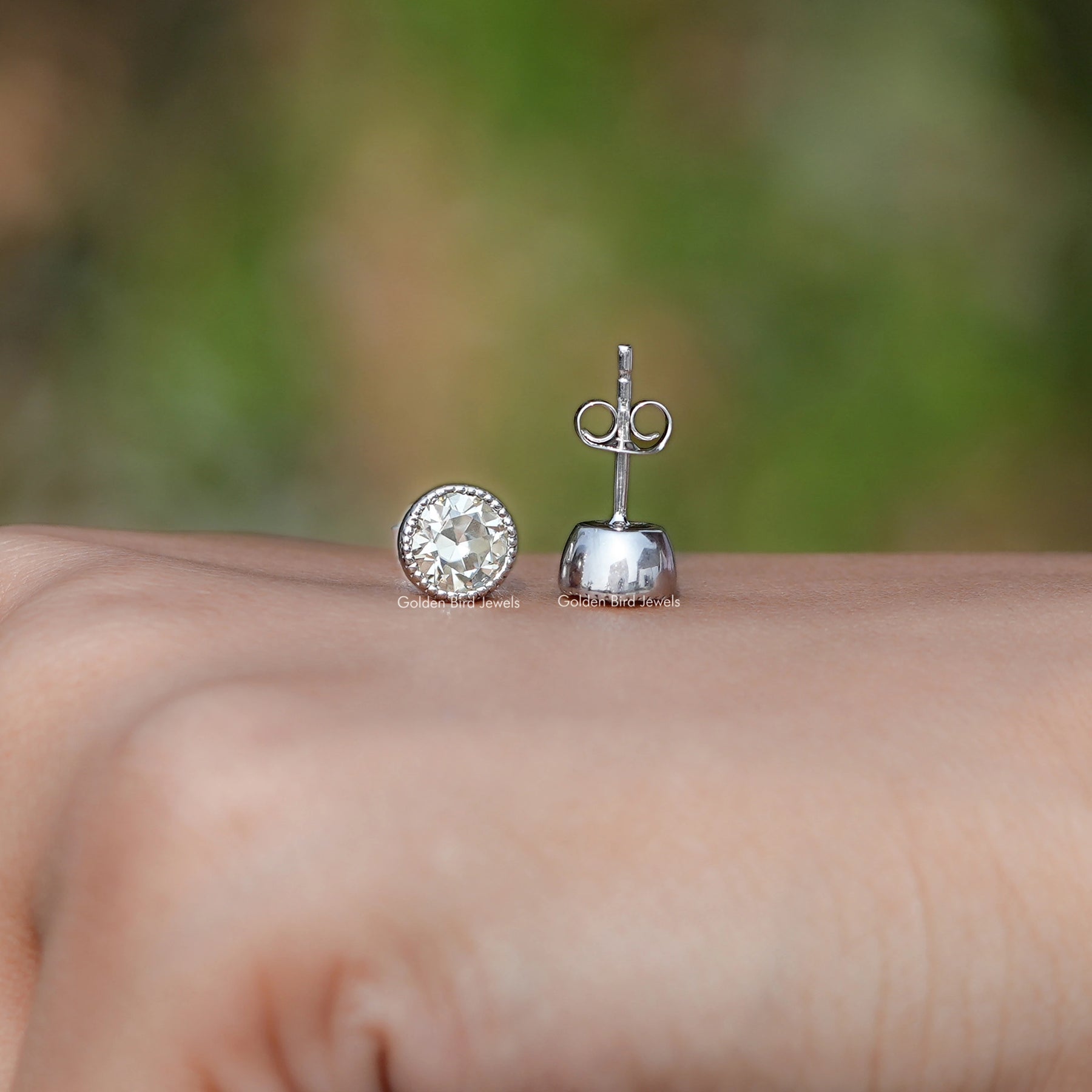 Front And Back Side View Of Old European Round Stud Earrings