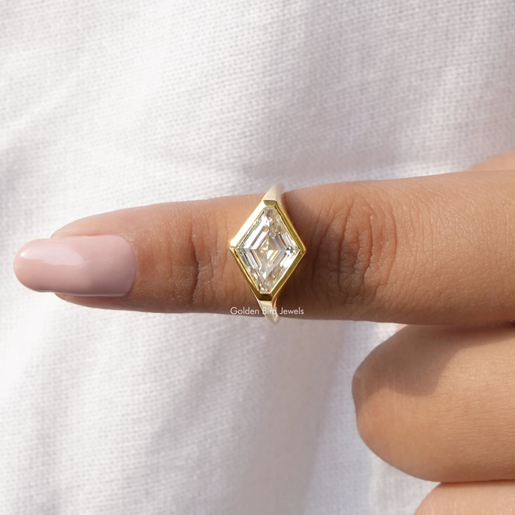 In finger front View of Moissanite Bezel Set Solitaire Ring In Yellow Gold