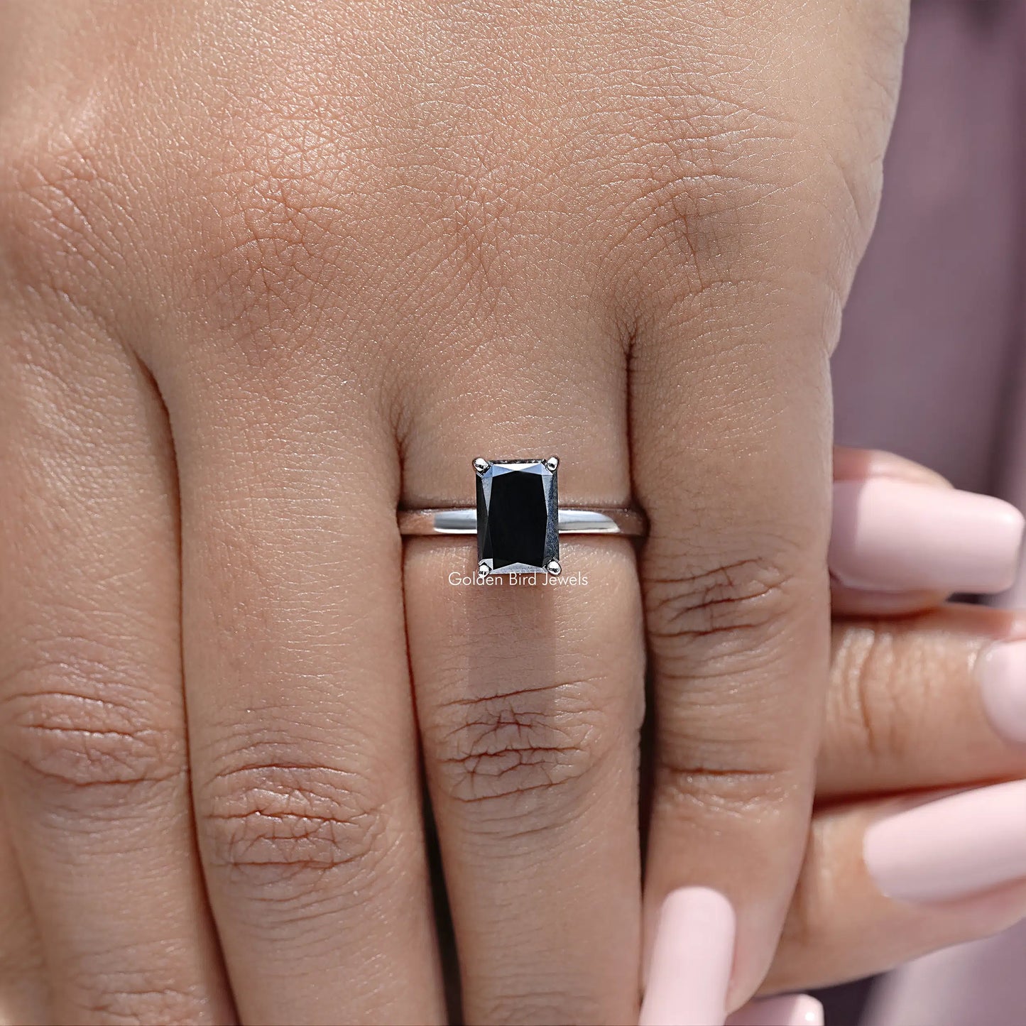 Black Radiant Cut Moissanite Gemstone Hidden Halo Ring