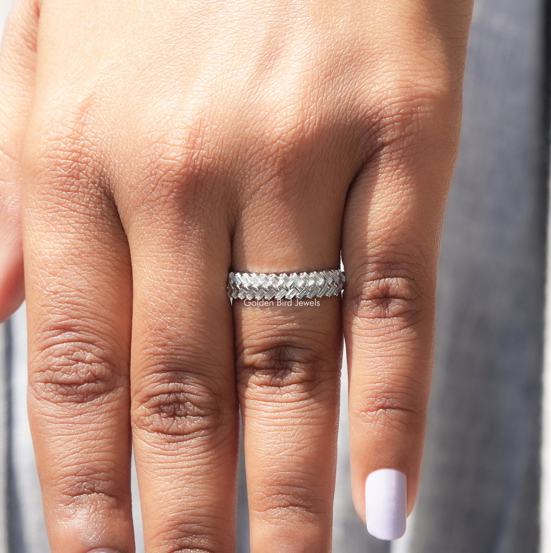Detailed View Of Baguette Cut Half Eternity Band In White Gold