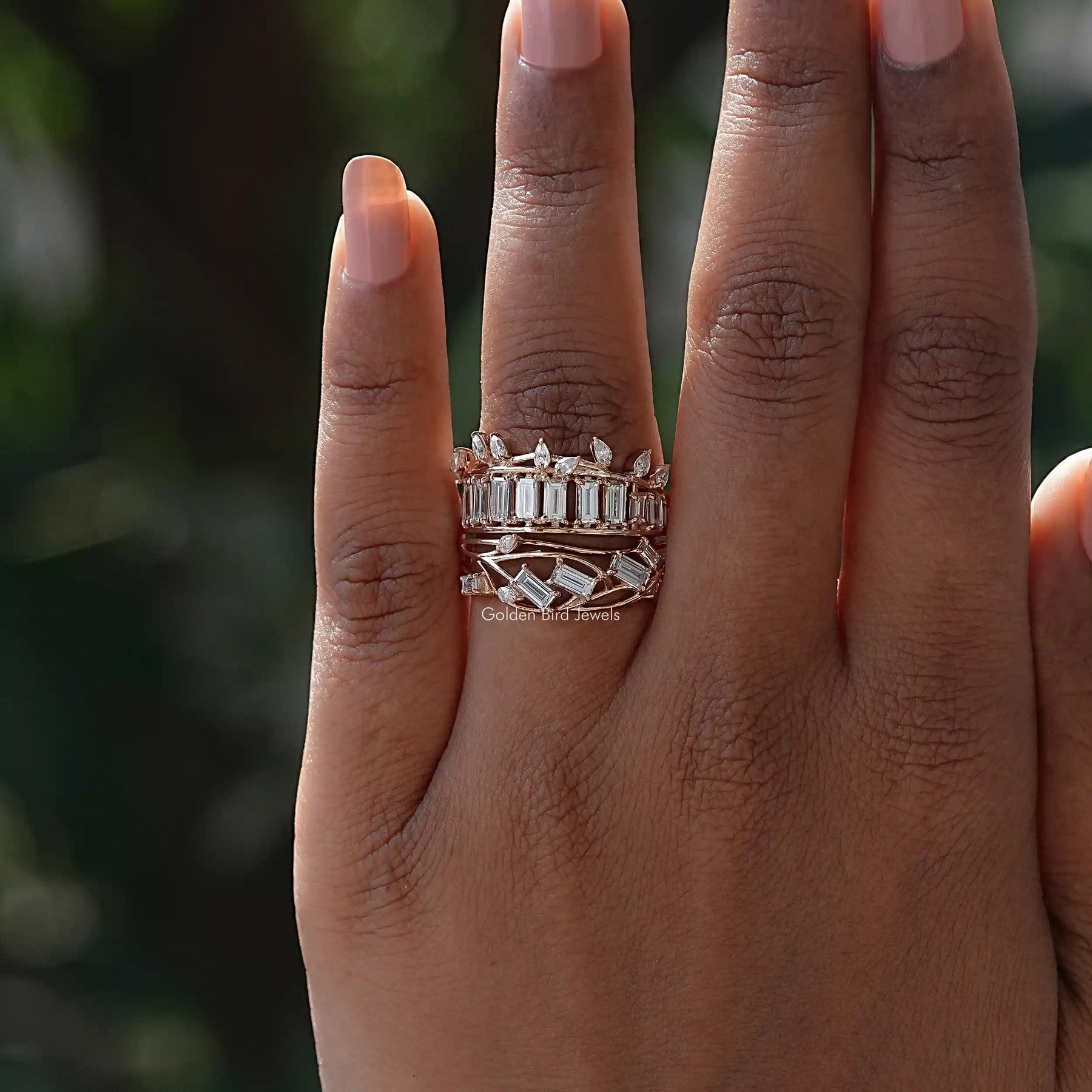Detailed View Of Baguette Cut Moissanite Bridal Ring Set In Yellow Gold