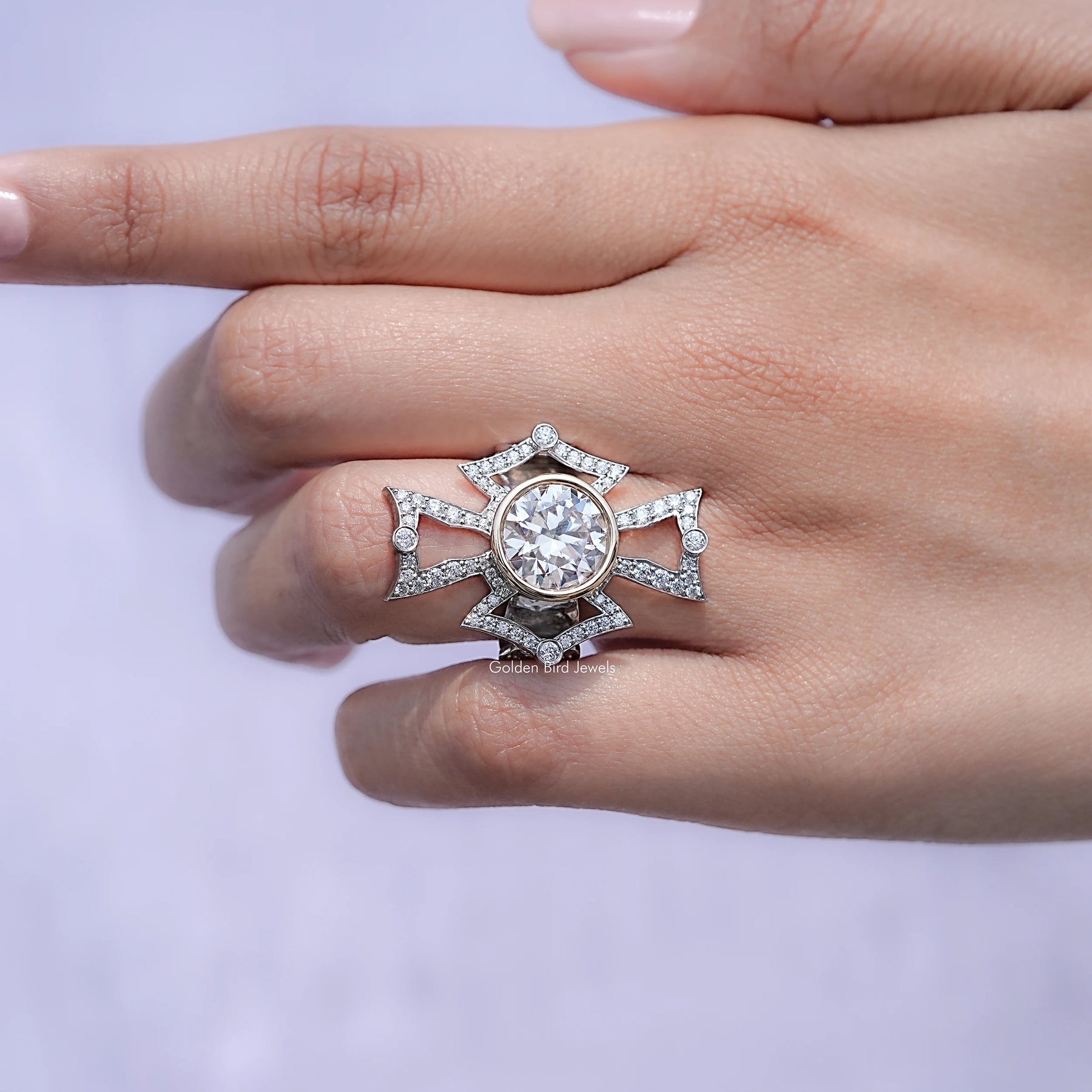 View of Bezel Set Round Cut Moissanite Vintage Style Ring in prongs setting