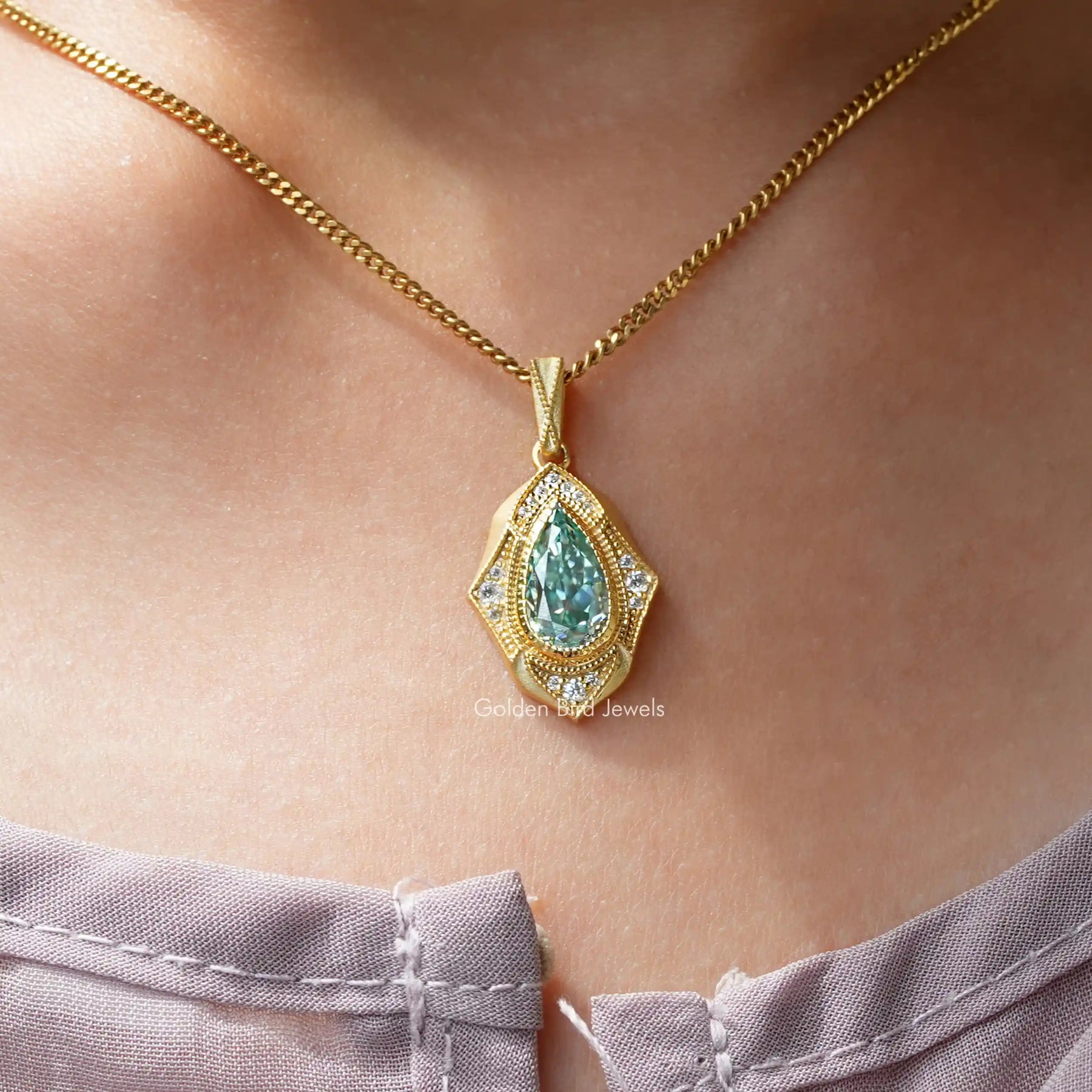 Full view of moissanite pendant in unique shape