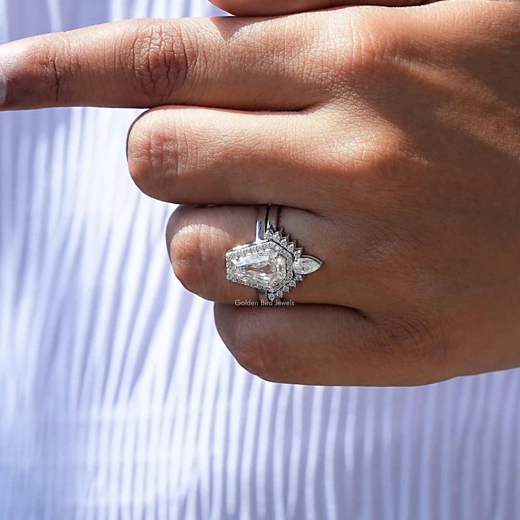 Close-Up View of Coffin Cut Moissanite Halo Ring Set In White Gold