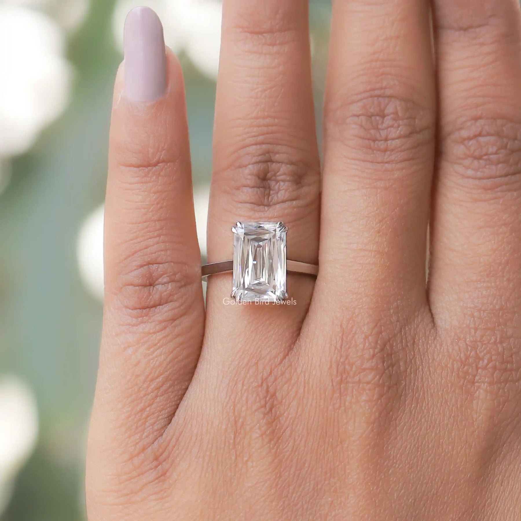 Close-Up View of Criss Cut Moissanite Engagement Ring In White Gold