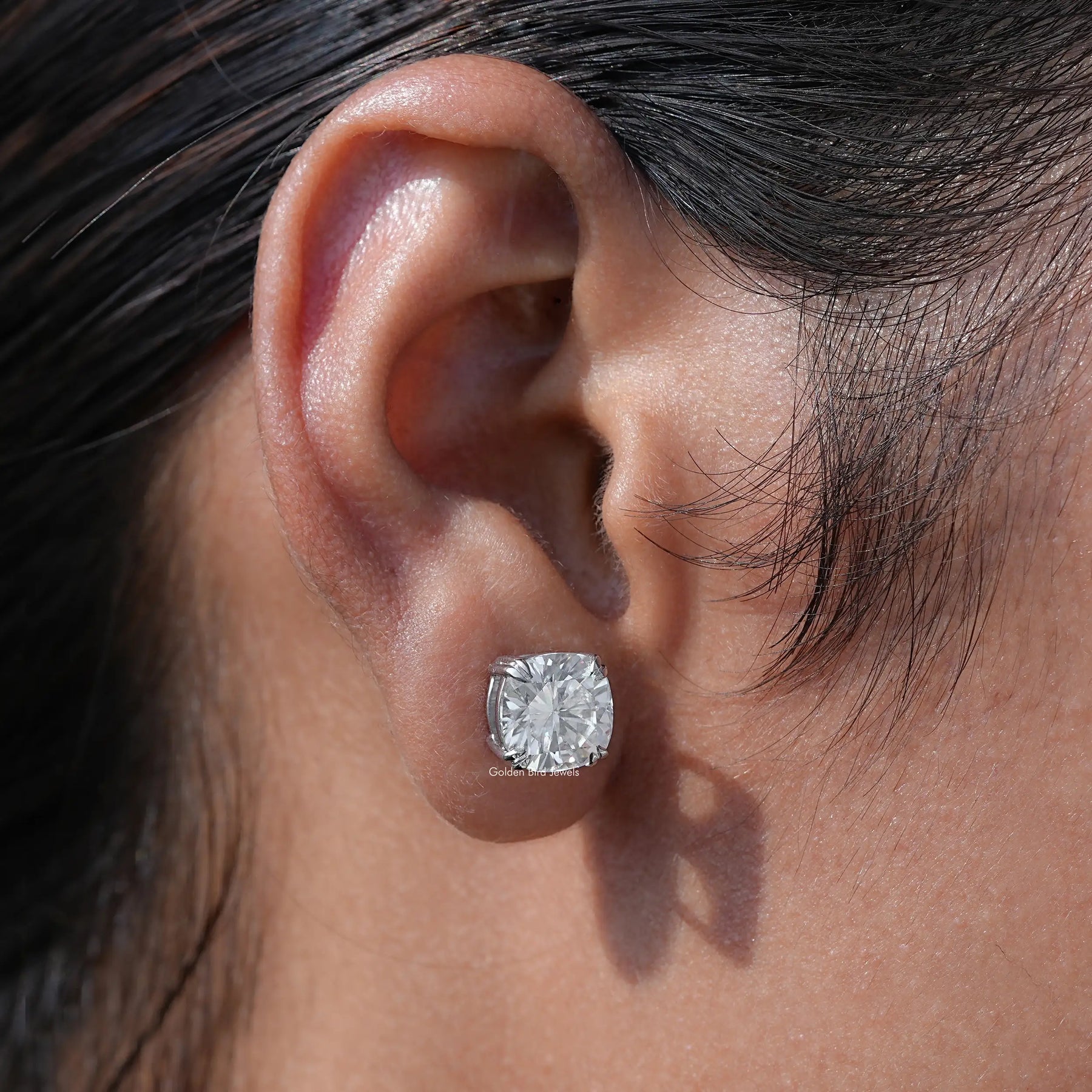 In Ear View Of moissanite Earrings in four prongs setting