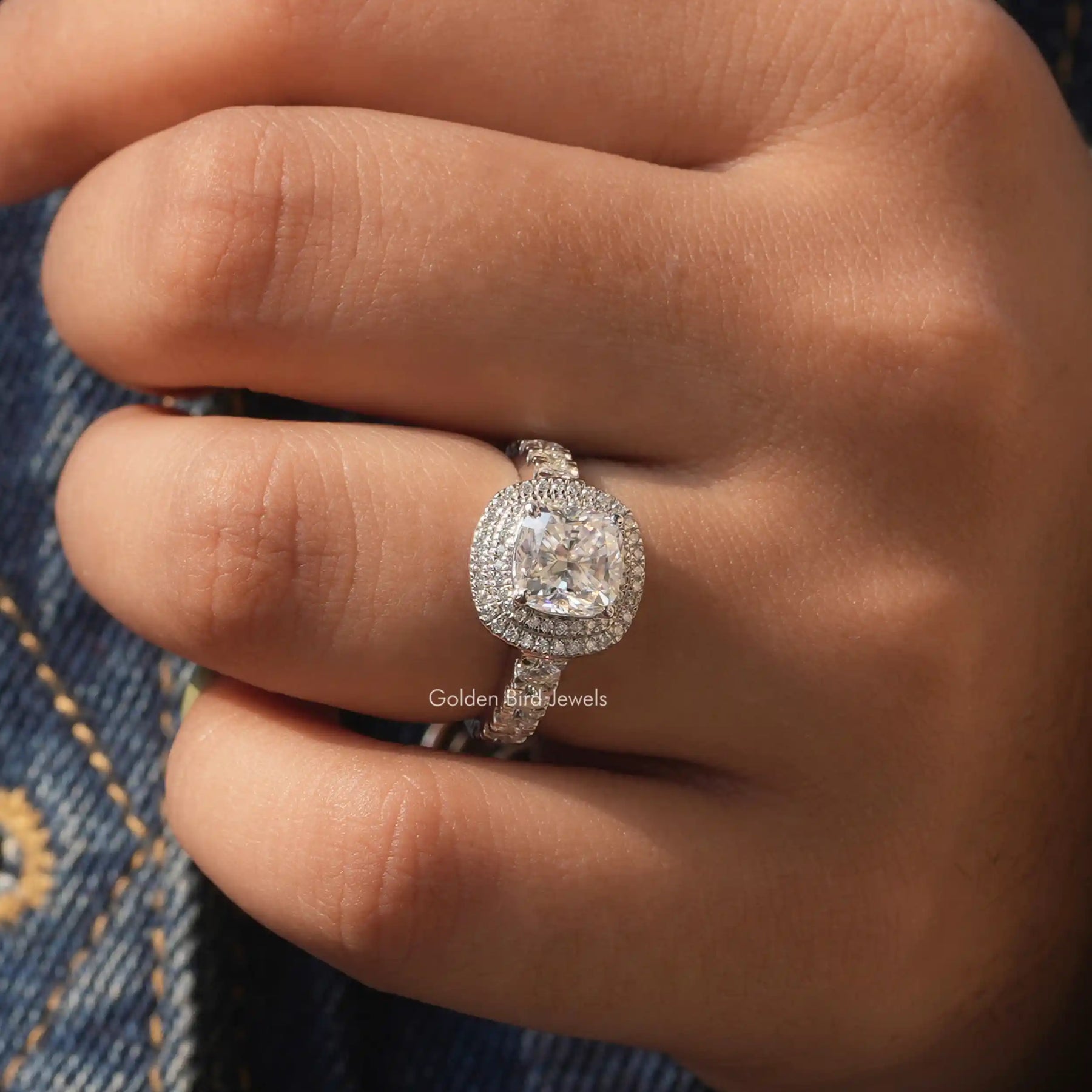 Round And Cushion Cut Halo Ring In finger