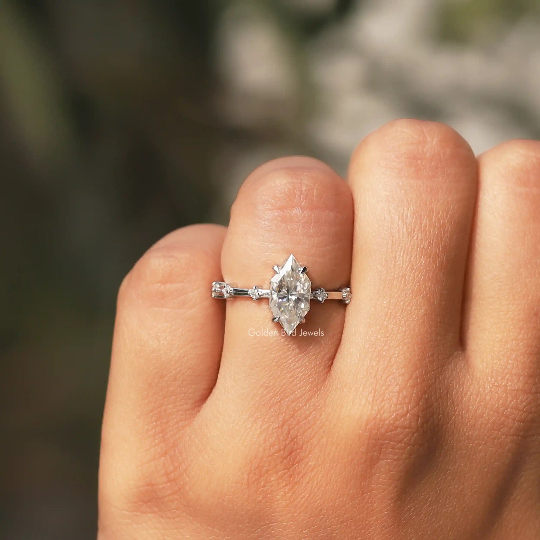 Front View of Dutch Marquise Cut Engagement Ring In a finger