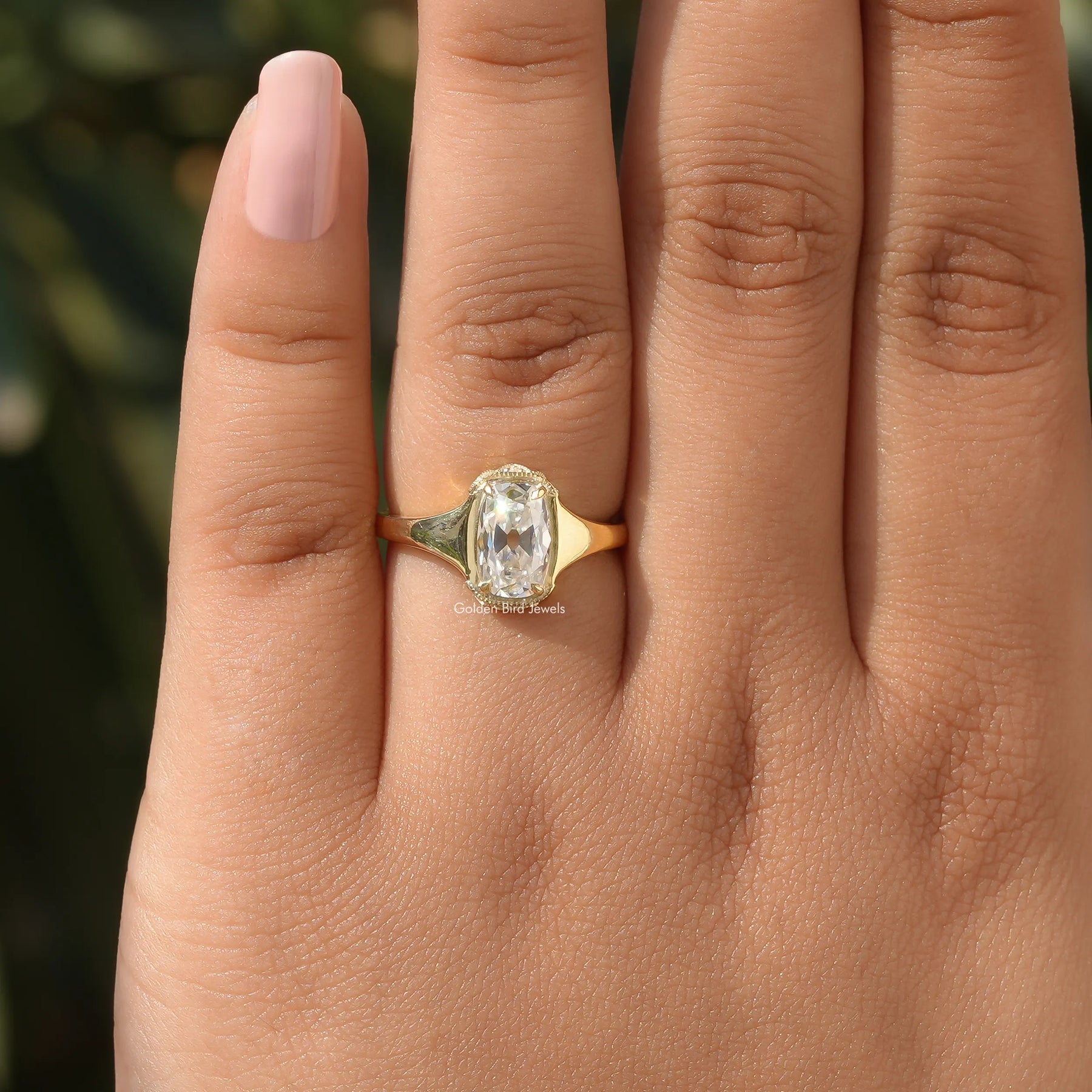 View of Old Mine Cushion Cut Ring In finger