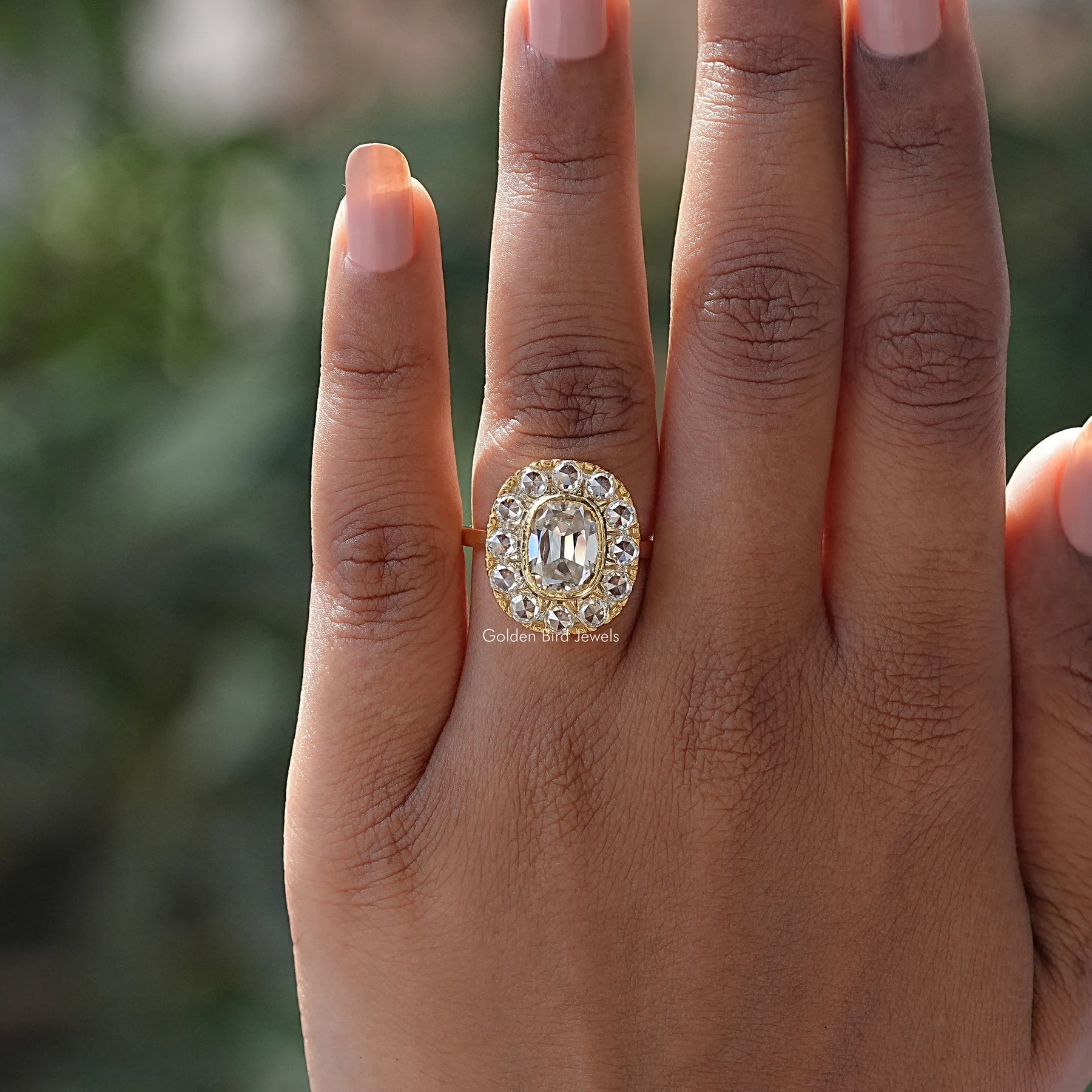 Cushion Cut Halo Moissanite Ring In finger