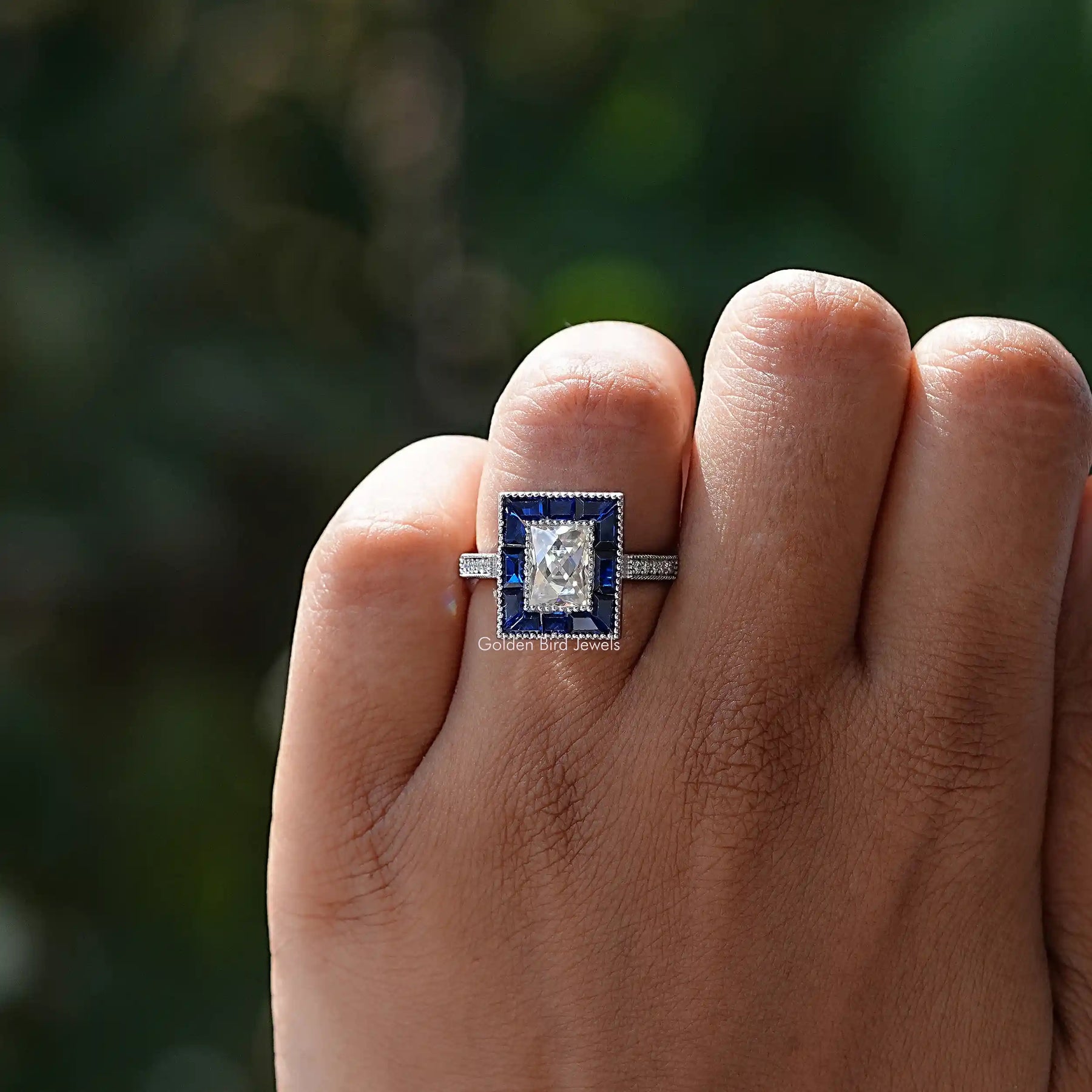 Radiant Cut Moissanite Halo Ring In finger