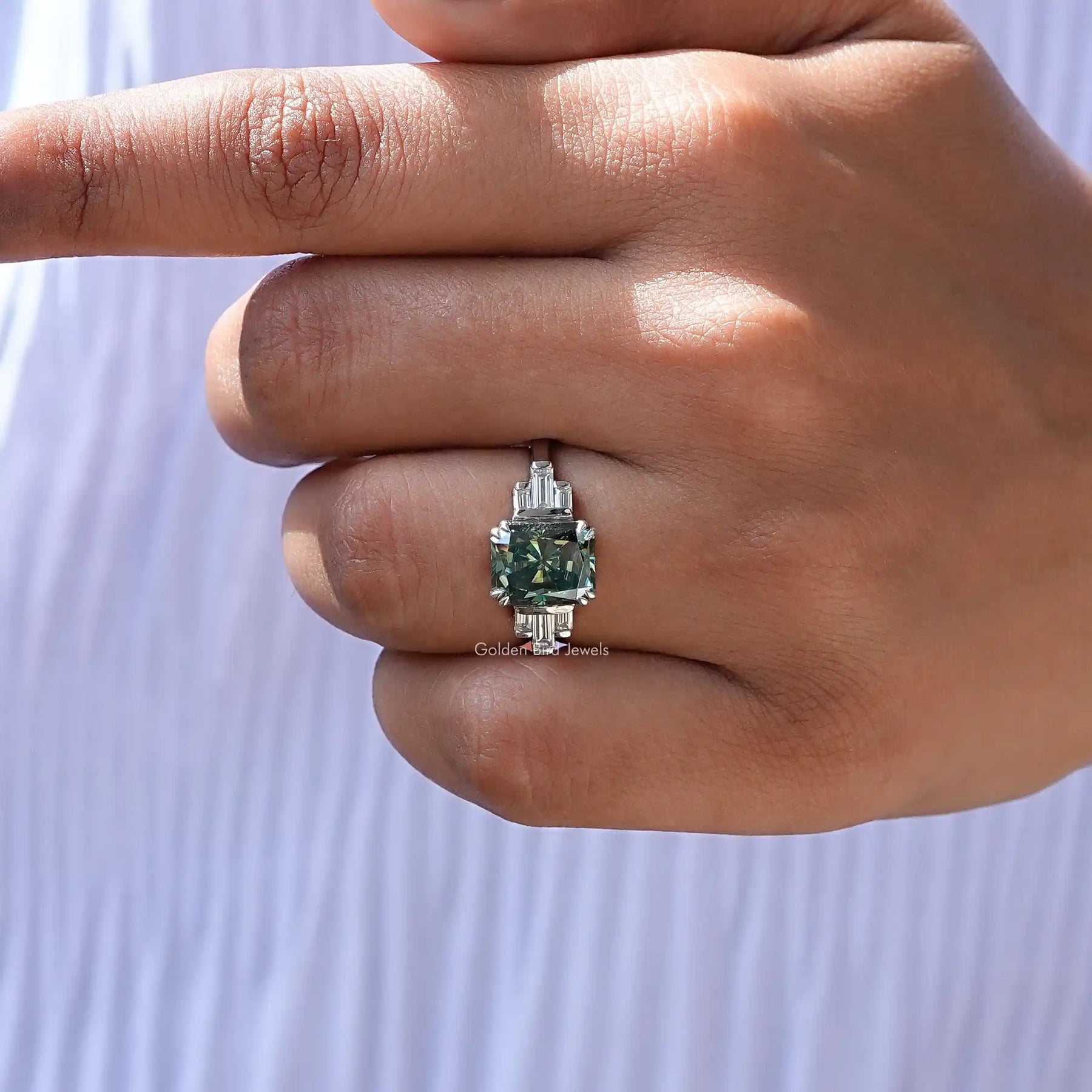 Detailed View Of Radiant And Baguette Cut Engagement Ring In White Gold