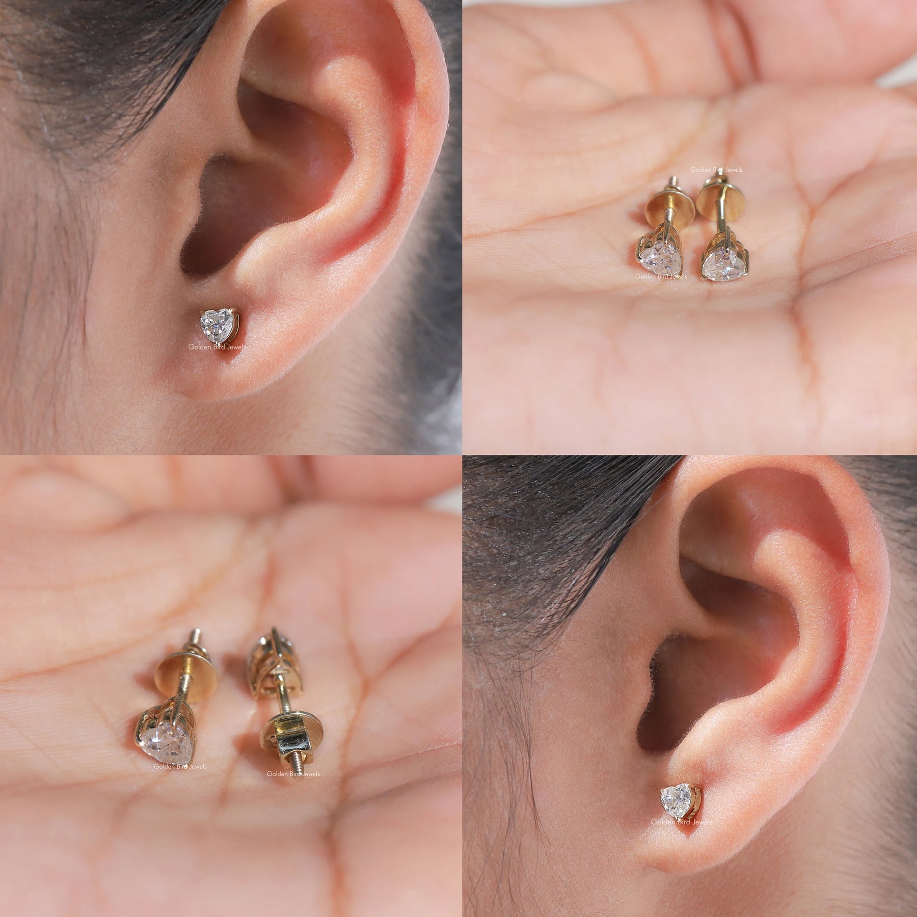 In ear , hand , back , front view of moissanite earrings