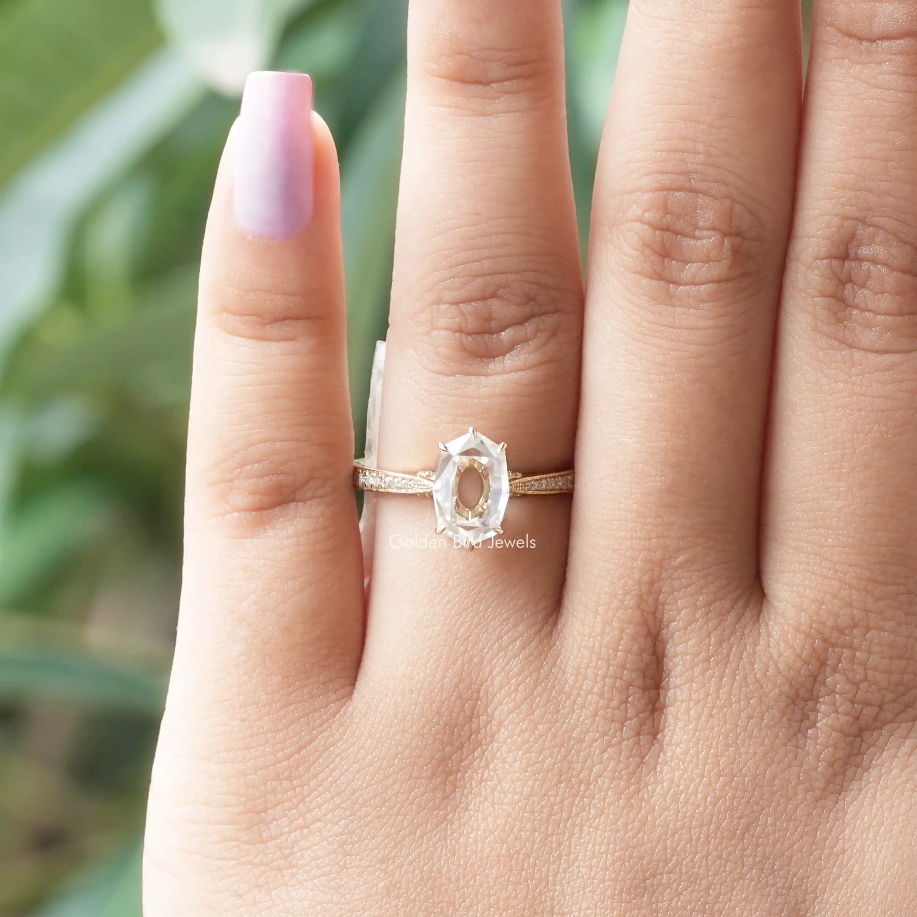 View of Portrait Hexagon Cut Hidden Halo Moissanite Ring In Yellow Gold