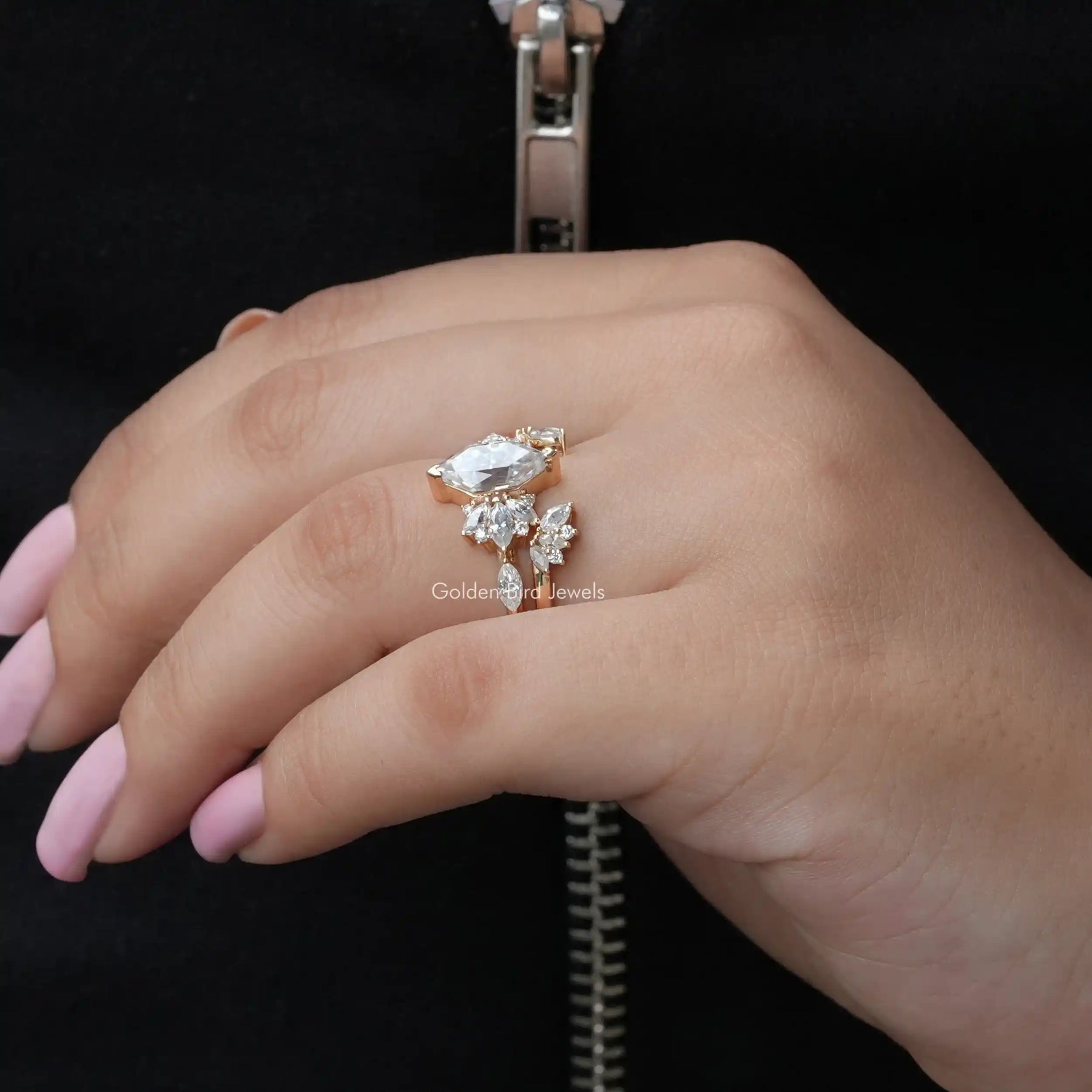 Detailed View Of Marquise Cut Moissanite Engagement Ring In Yellow Gold