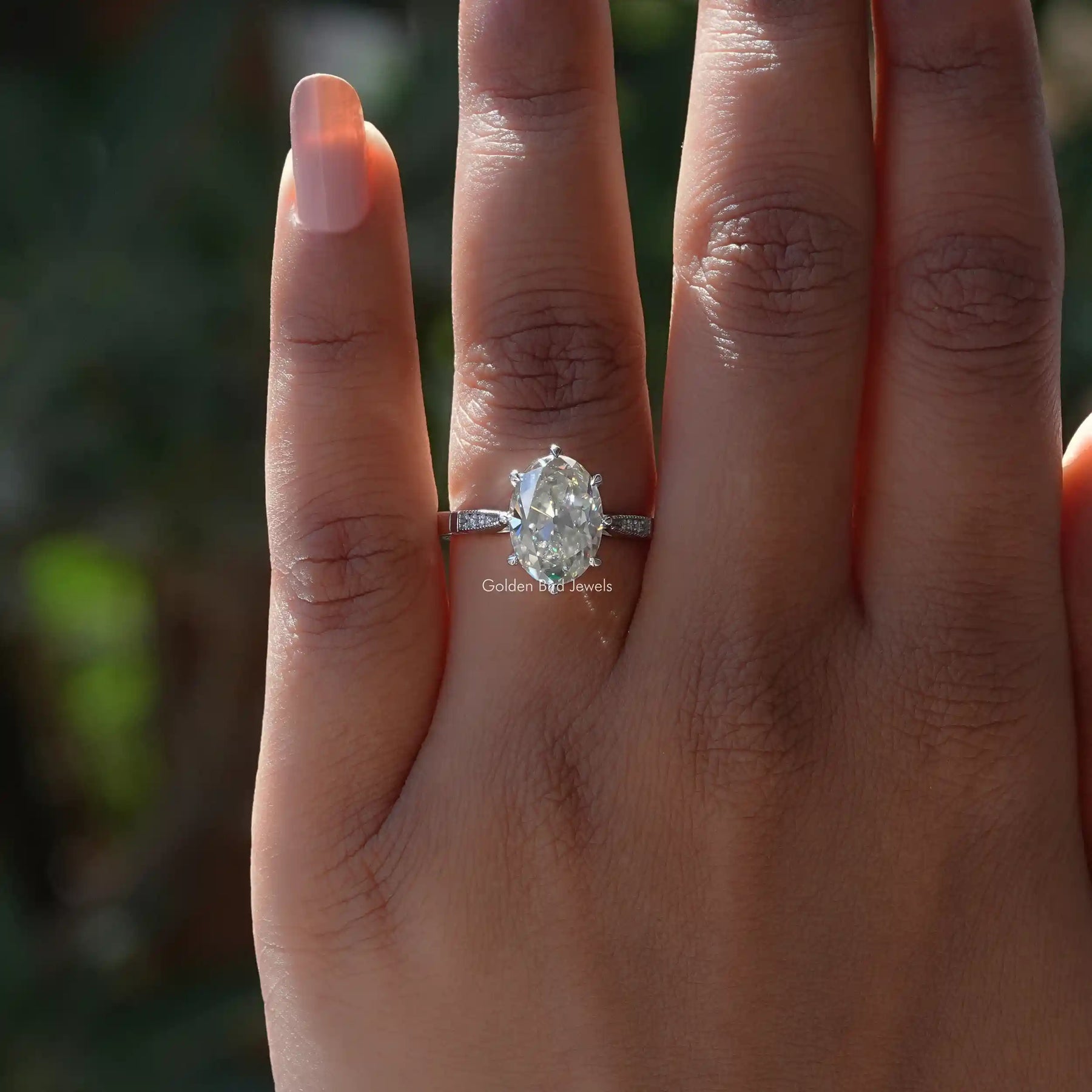 Detailed View Of Milgrain Old Mine Oval Cut Accent Stone Ring In White Gold