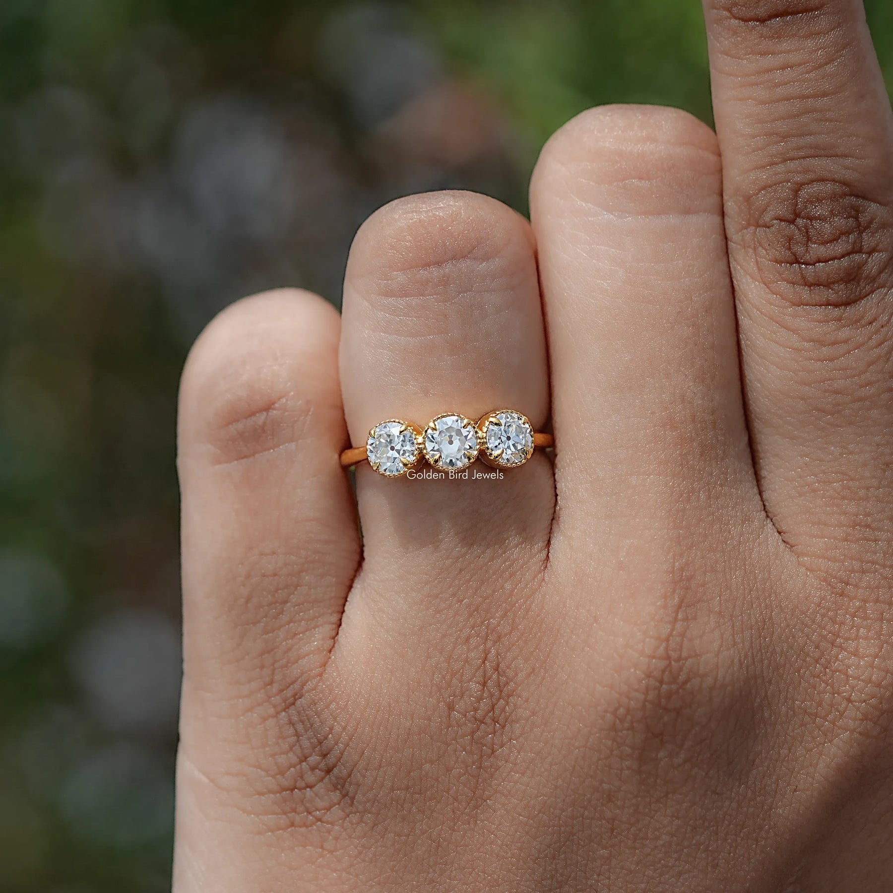 Old European Cut Round Moissanite Three Stone Ring
