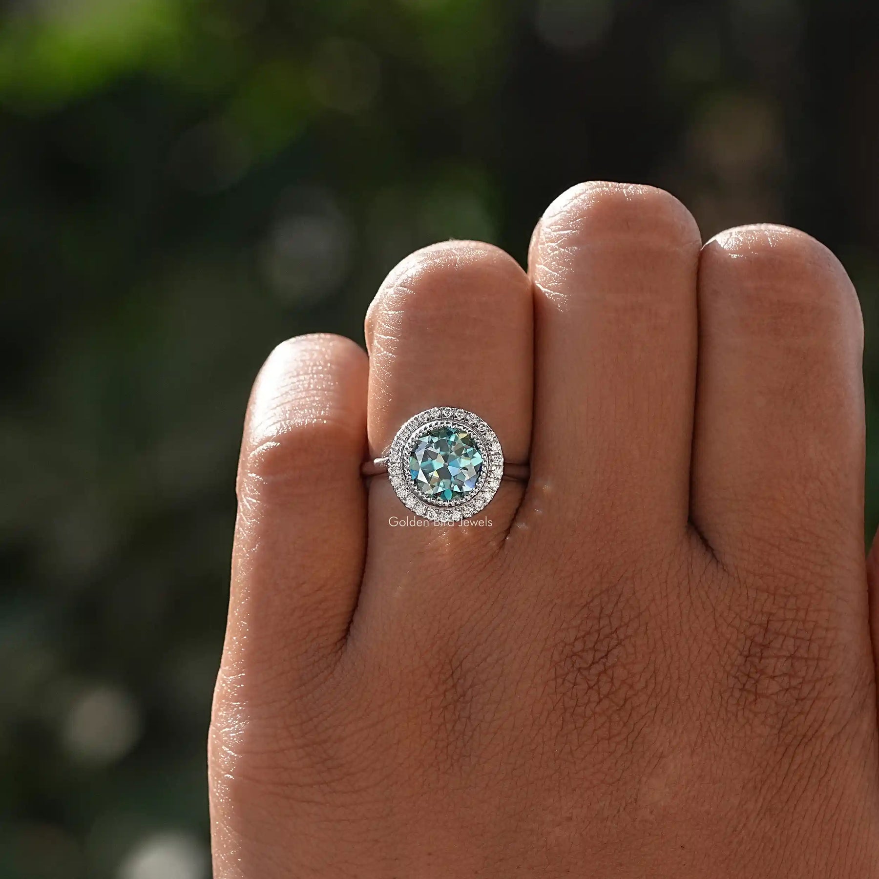 View of Old European Round Cut Bezel Set Halo Ring In finger