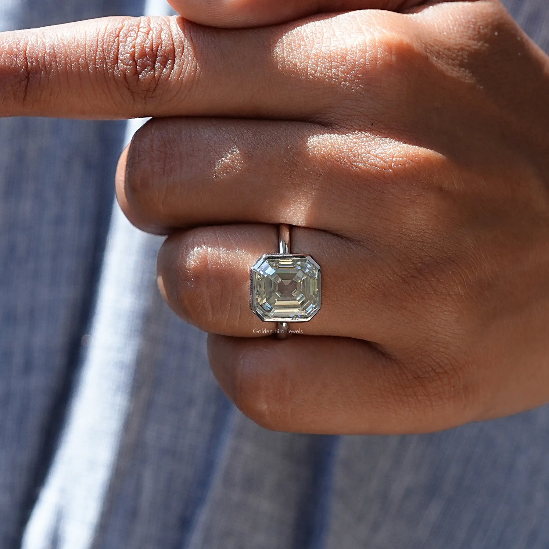 Old Mine Asscher Cut Moissanite Bezel Set Ring