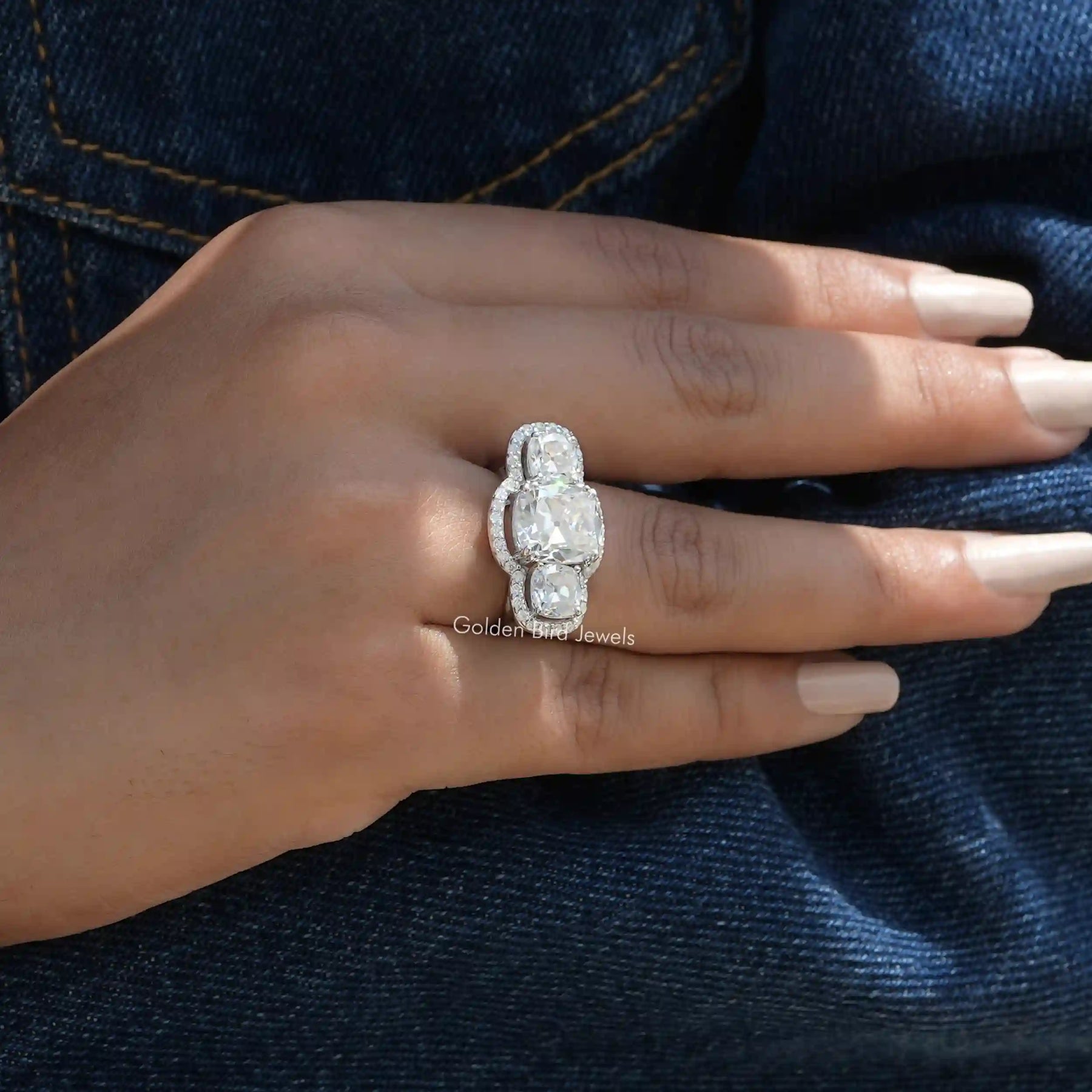 View of Cushion Cut Moissanite Ring In Finger