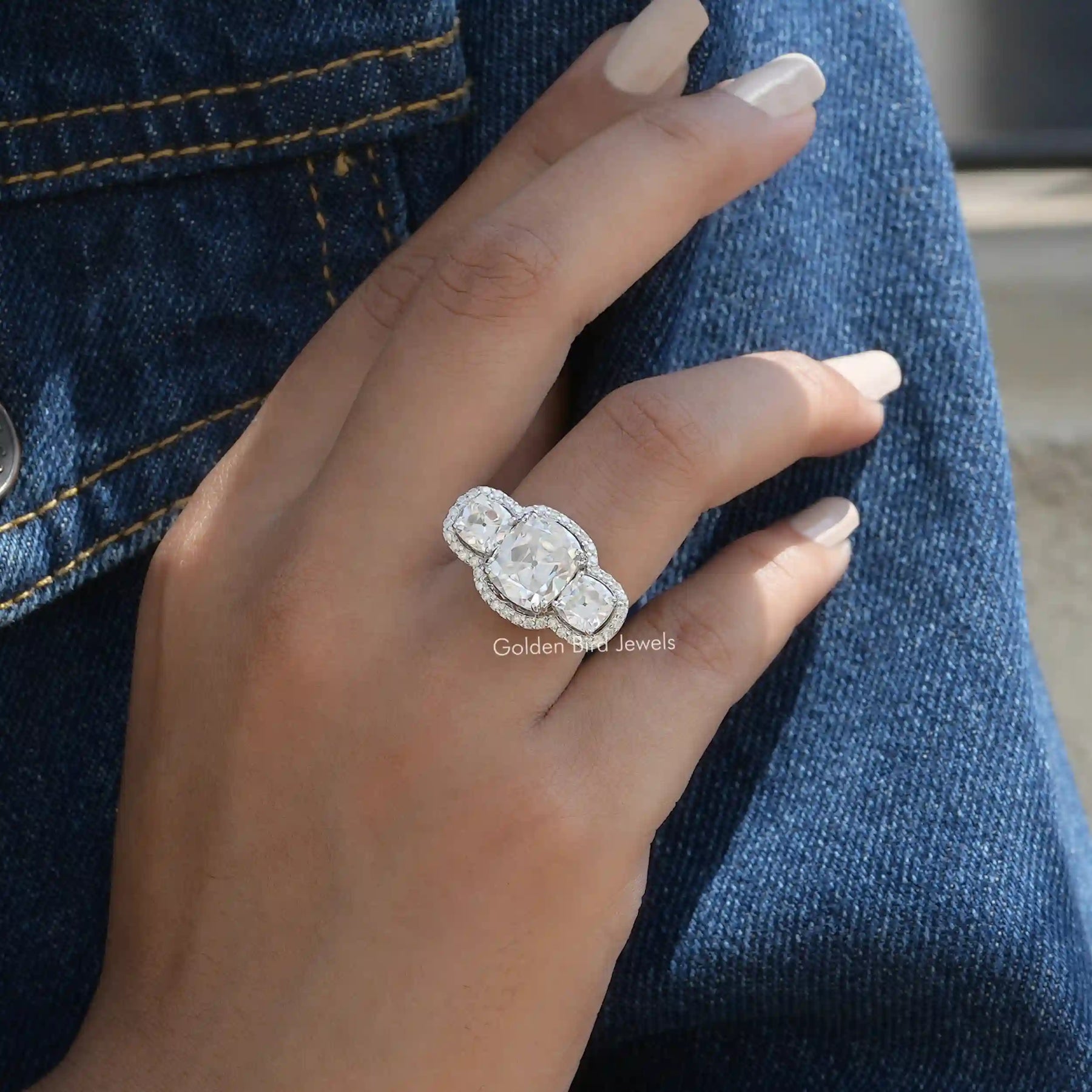 Detailed View Of Old Mine Cushion Cut Ring In White Gold