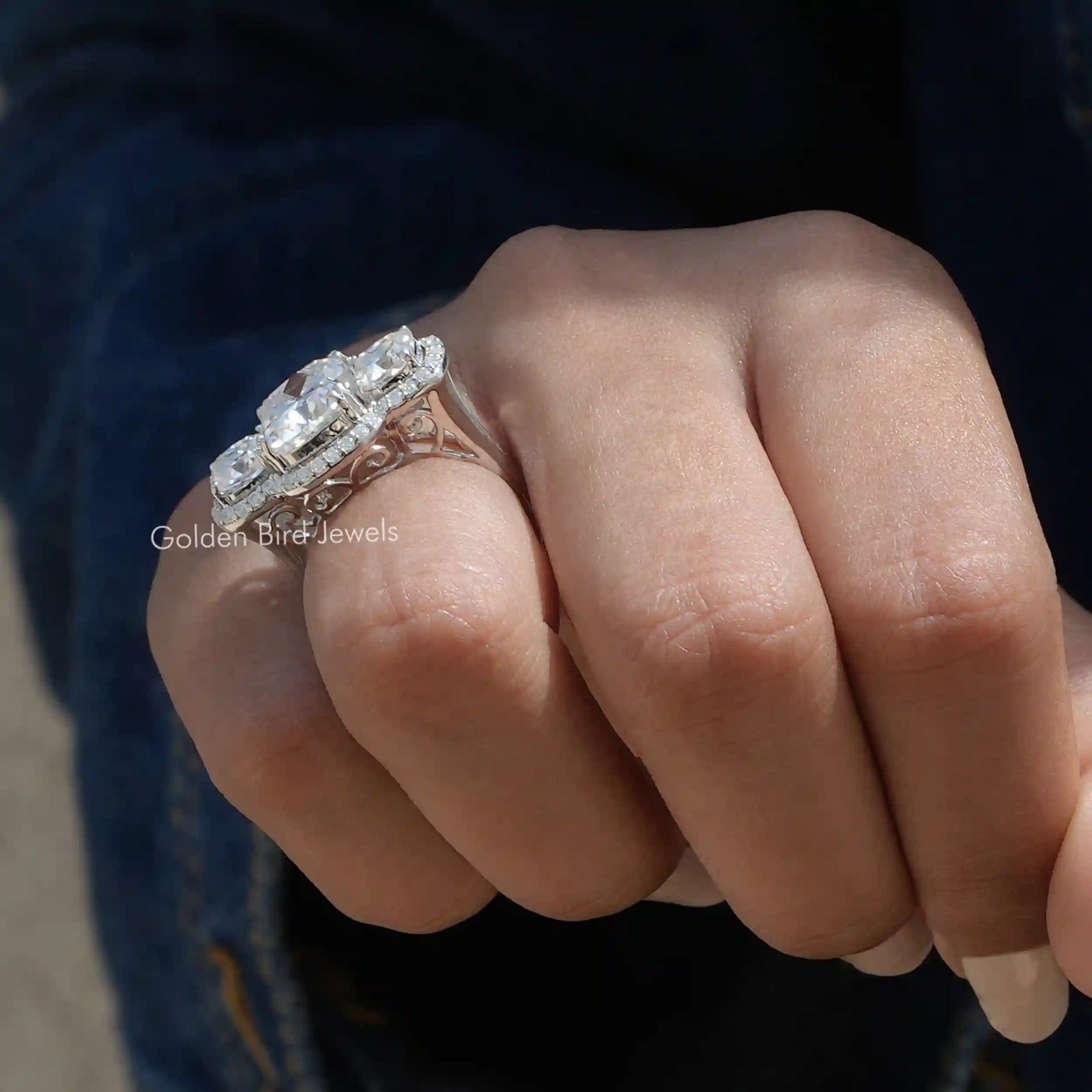 Detailed View Of Cushion Cut Moissanite Halo Ring In White Gold