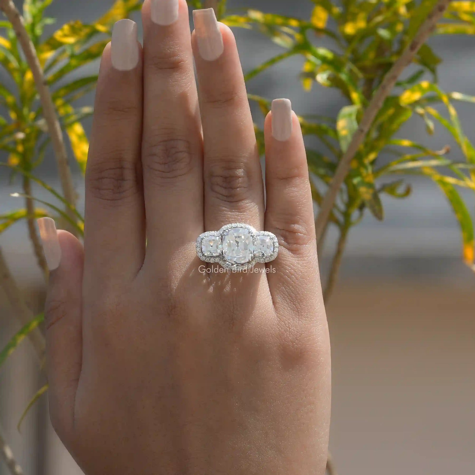 Round Cut Old Mine Cushion Cut Three Stone Ring In White Gold