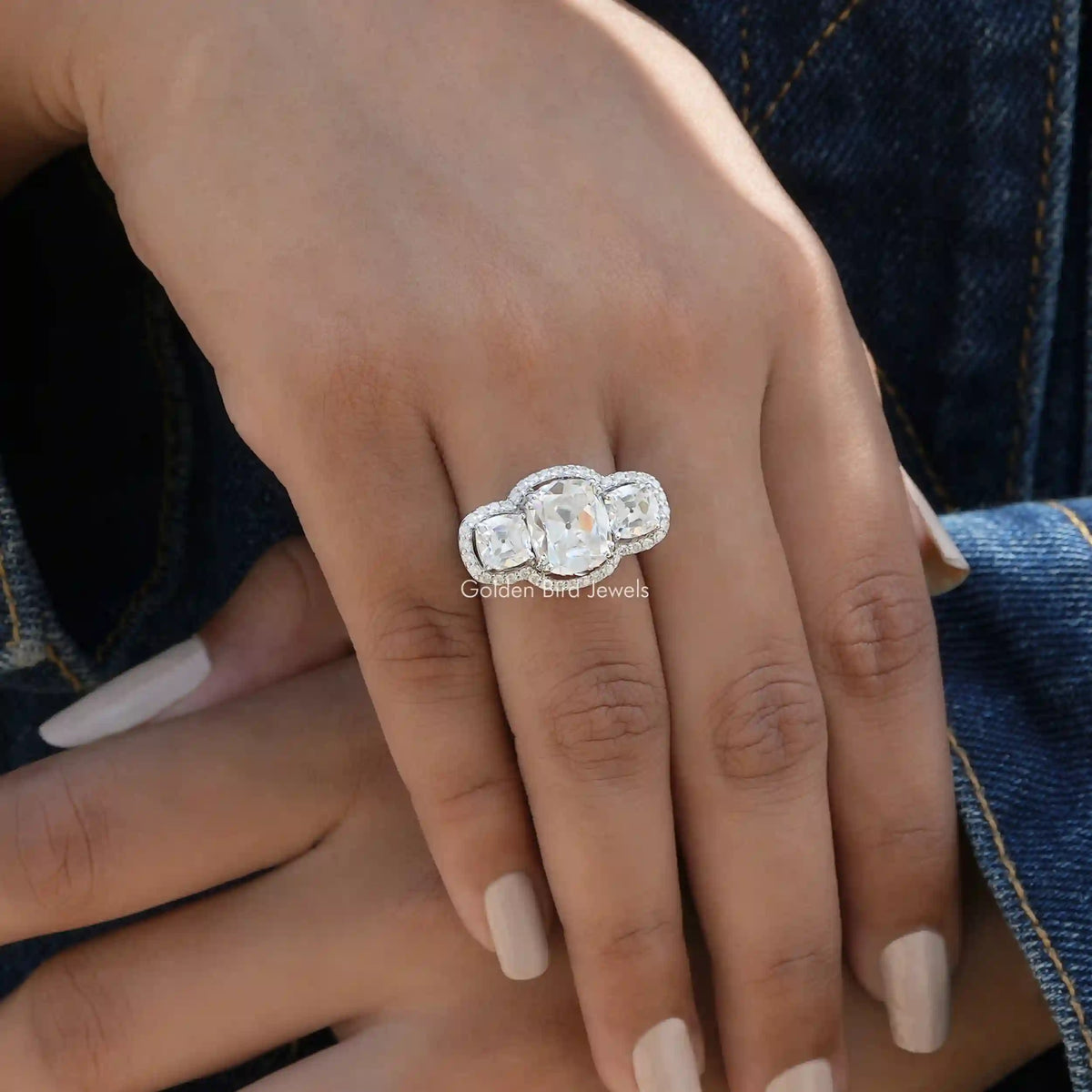 View of Moissanite Old Mine Cushion Cut Halo Ring In Finger