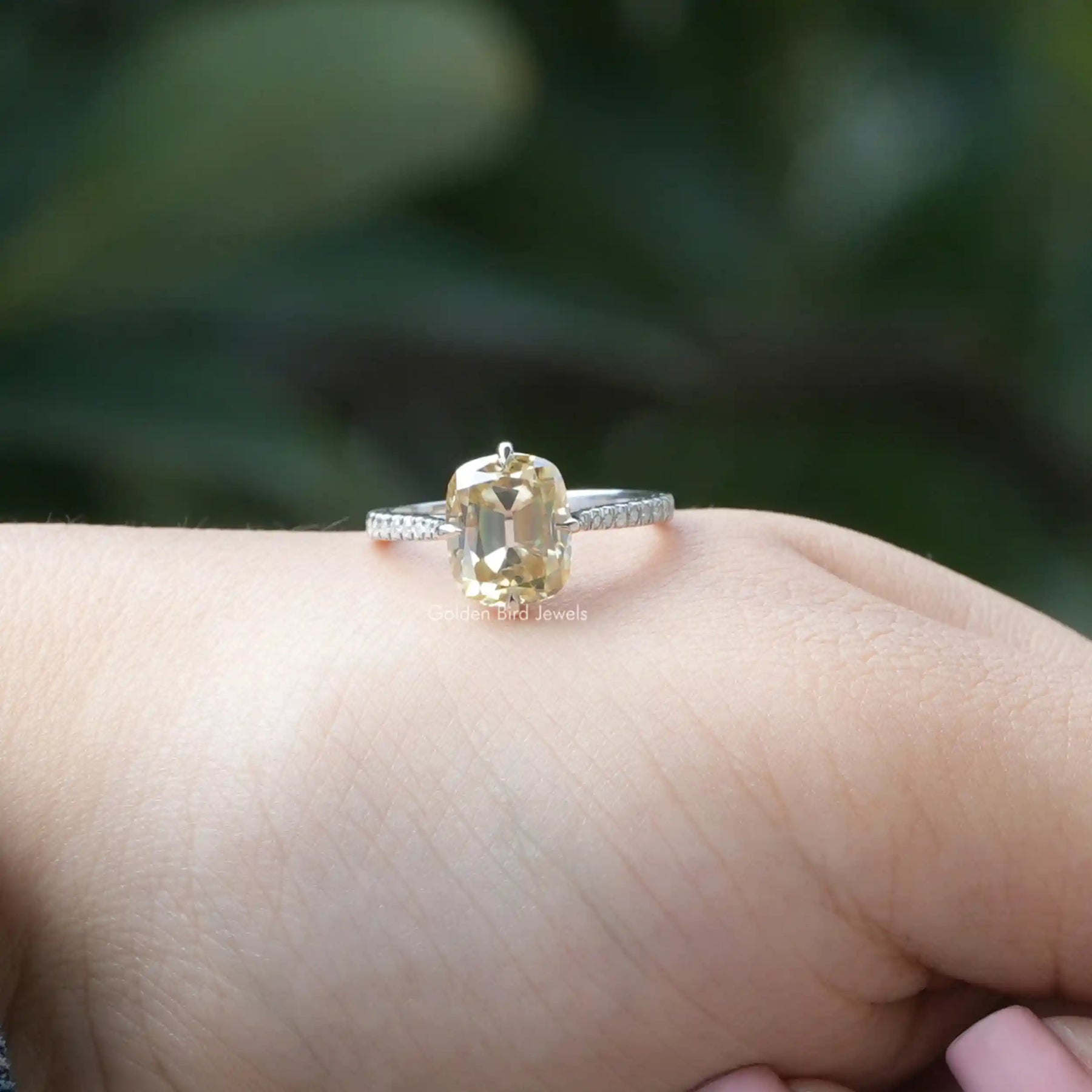 Close-Up View of Cushion Cut Moissanite Engagement Ring In White Gold