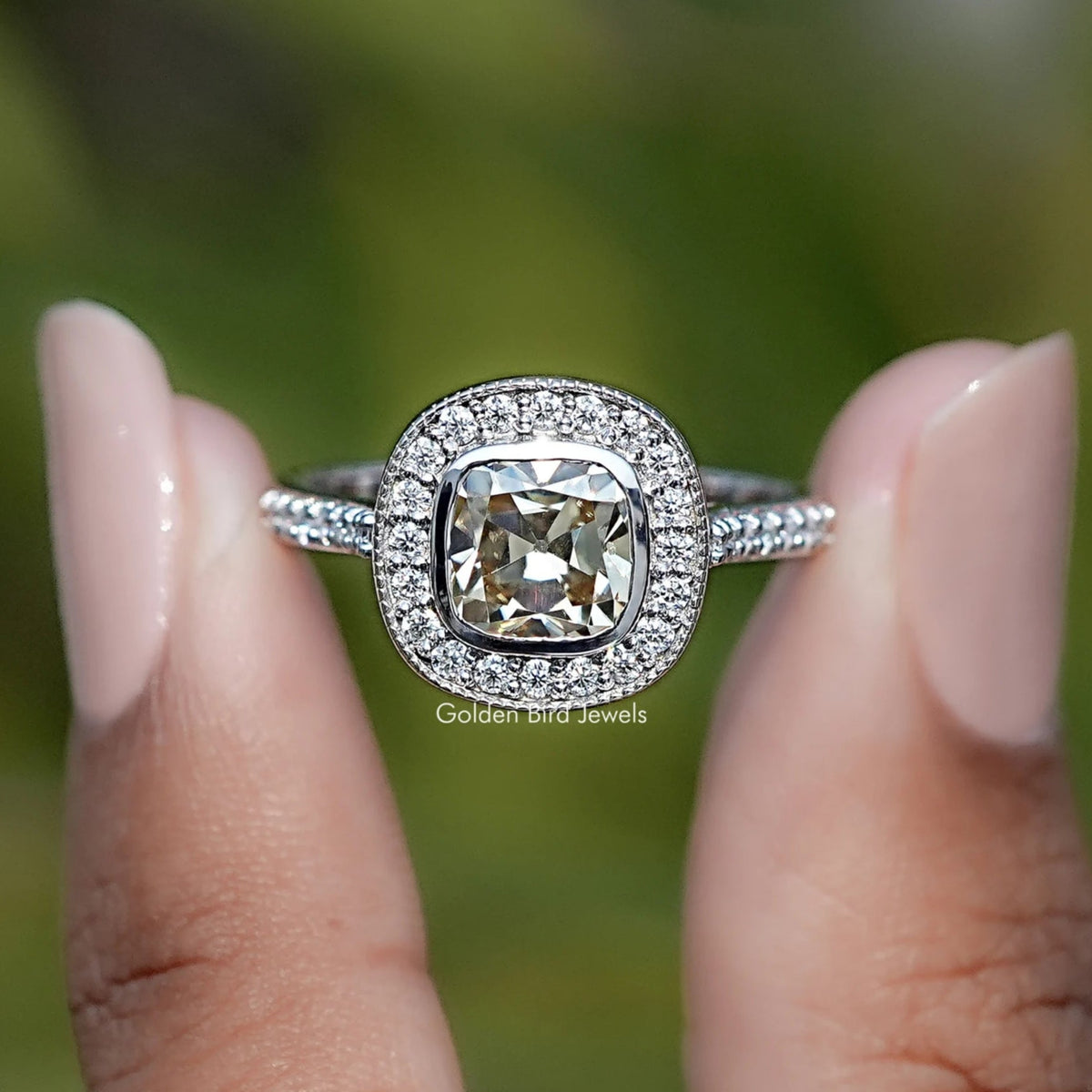Moissanite Old Mine Cushion Halo Engagement Ring