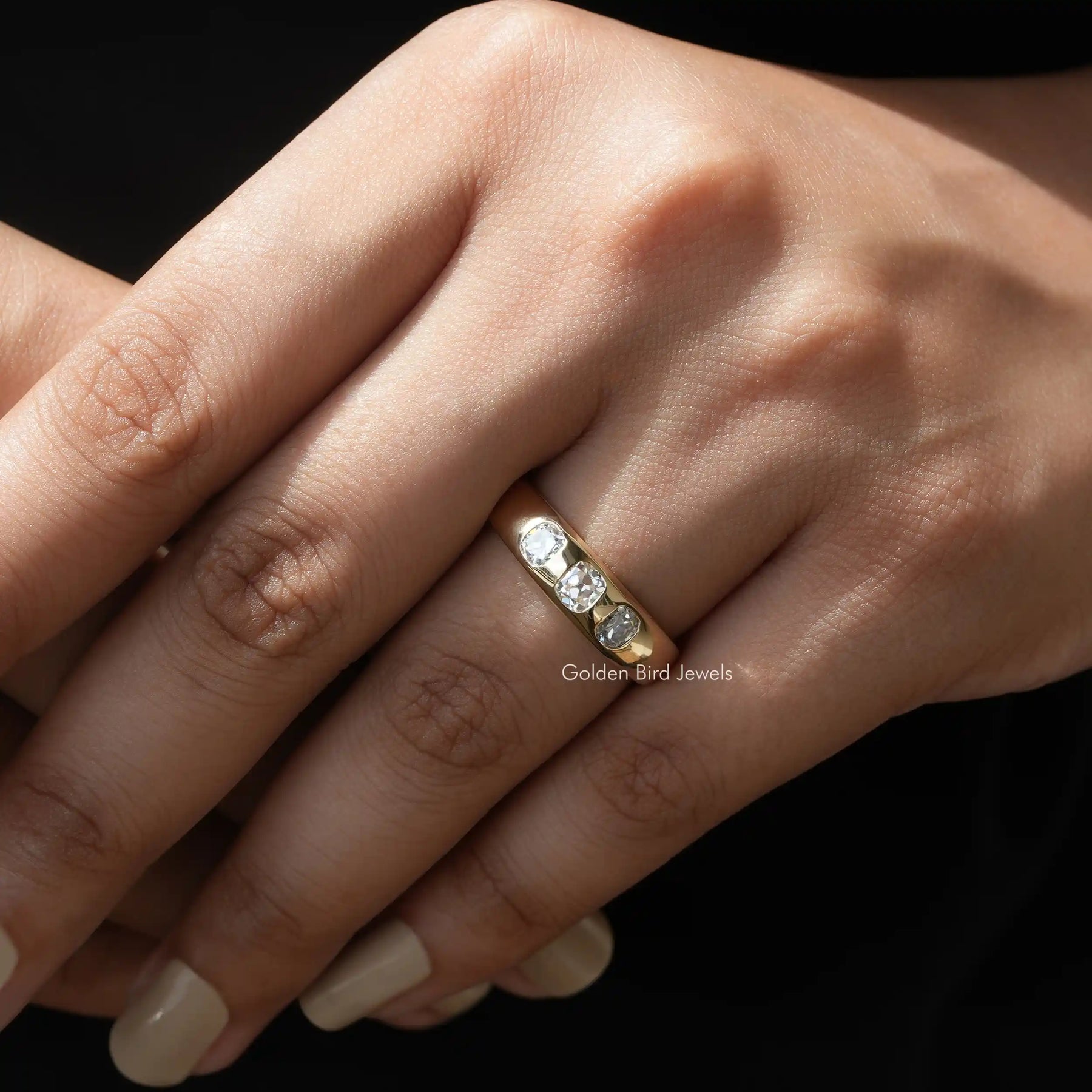 Close view of moissanite ring in secure setting