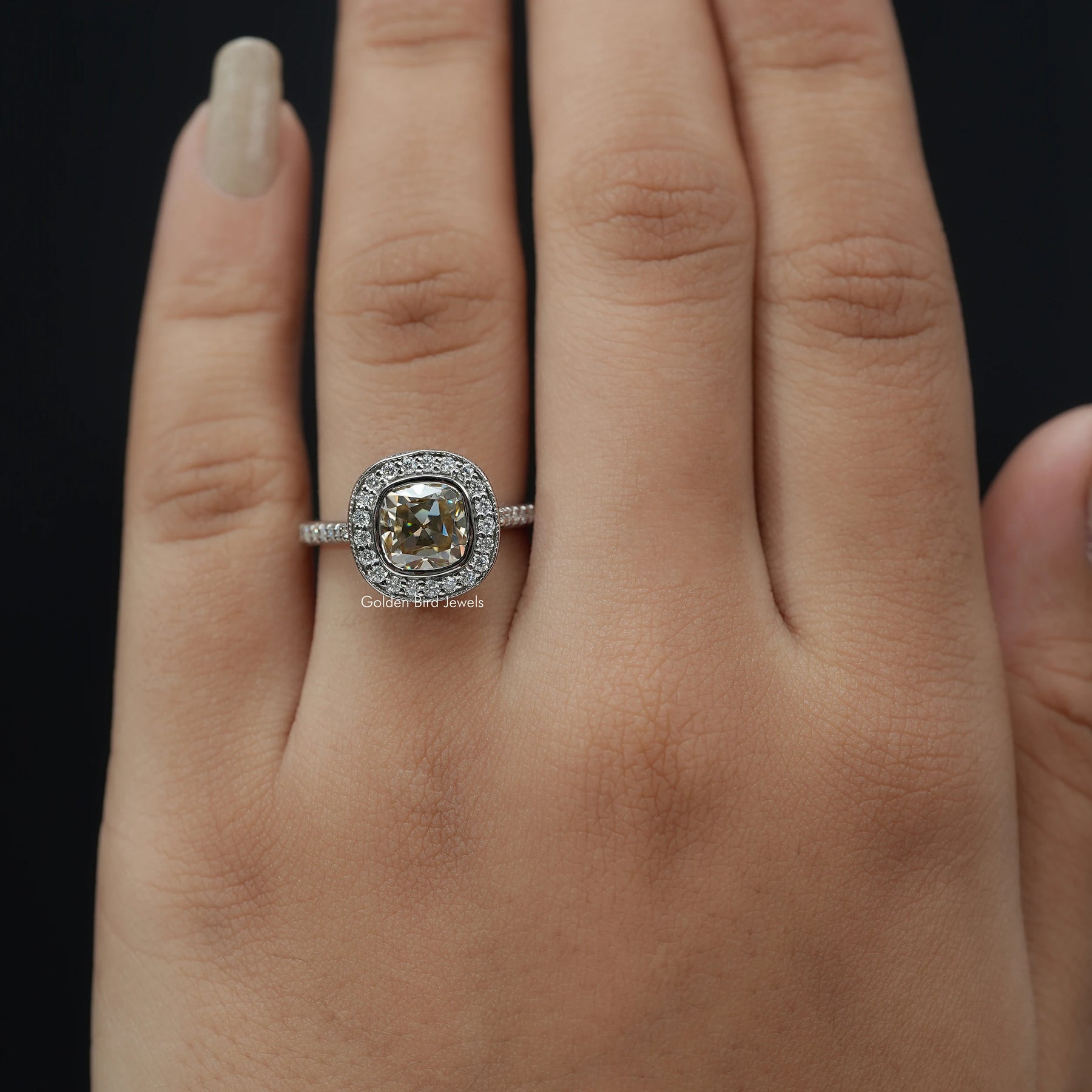Close-Up View of Cushion Cut Moissanite Ring In White Gold
