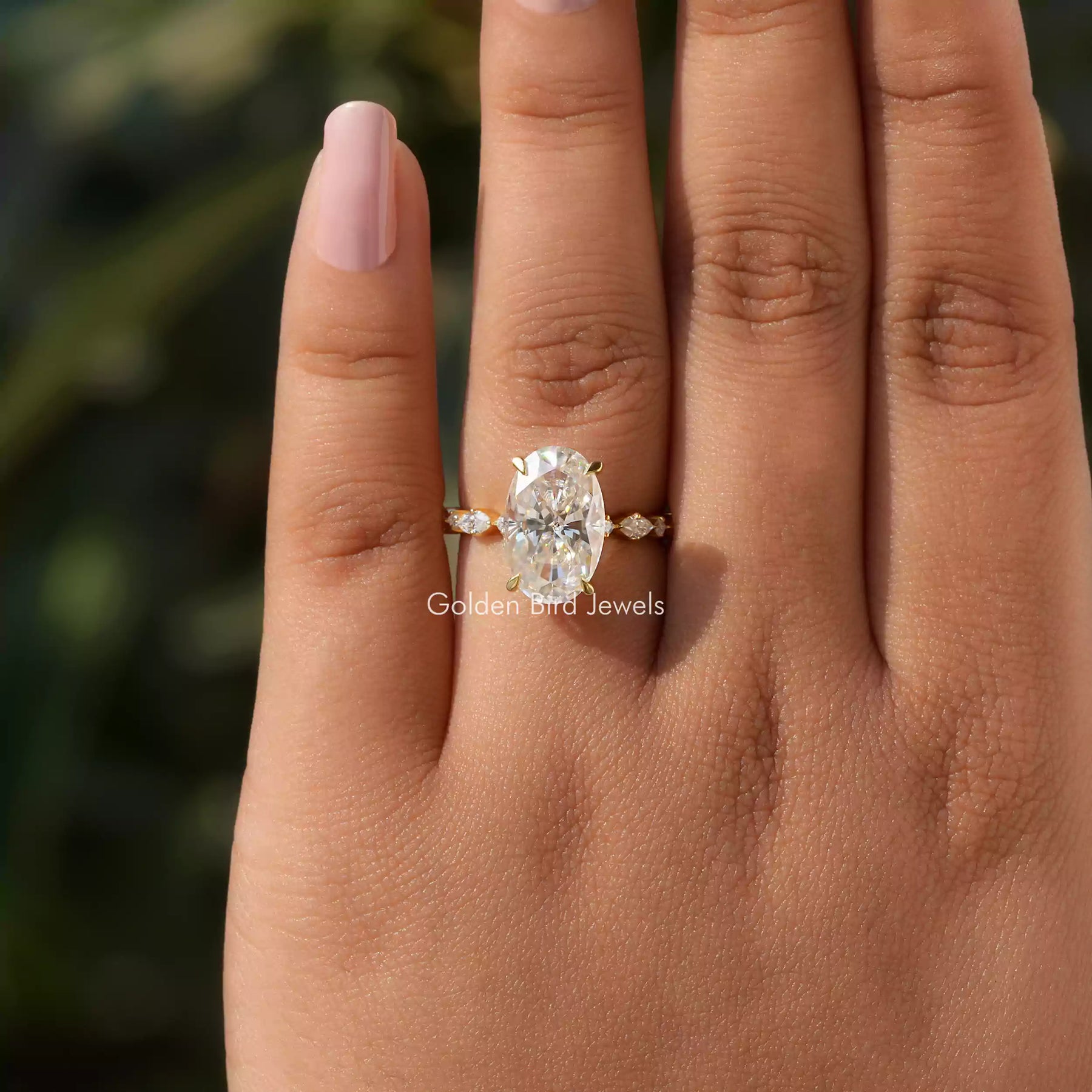 View of Oval Cut Moissanite Eternity Band In finger