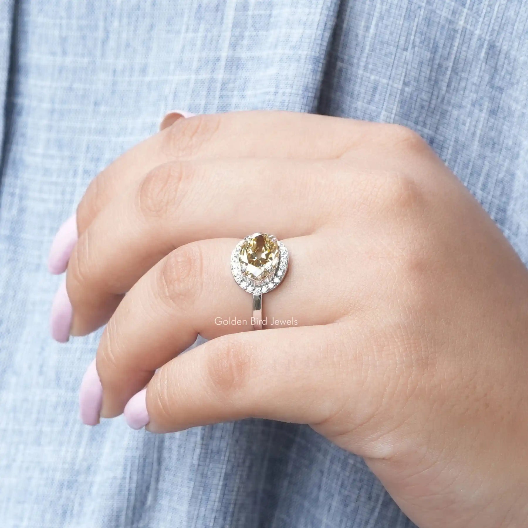 View of Old Mine Oval Cut Moissanite Engagement Ring In finger