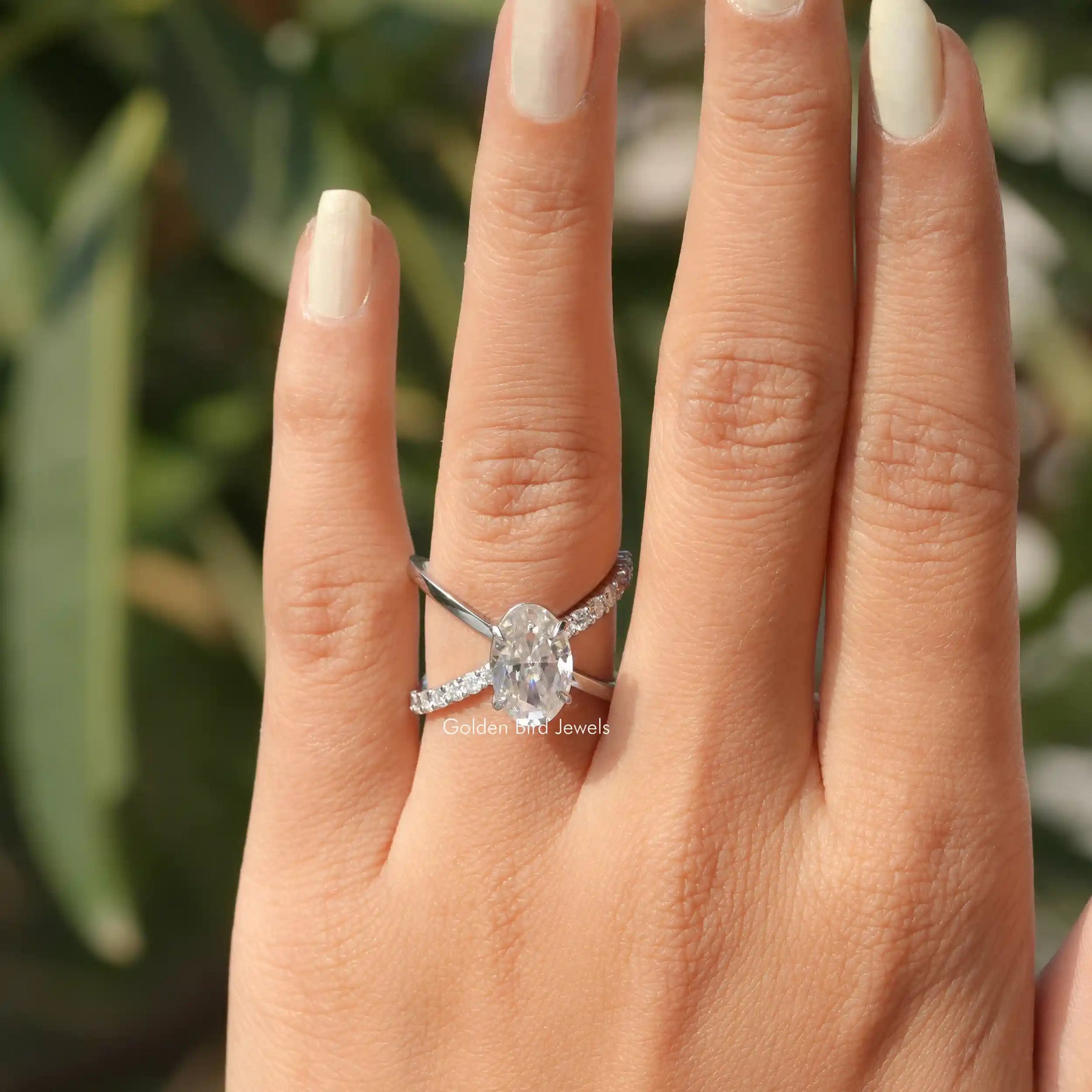 Oval Cut Split Shank Moissanite Ring In White Gold