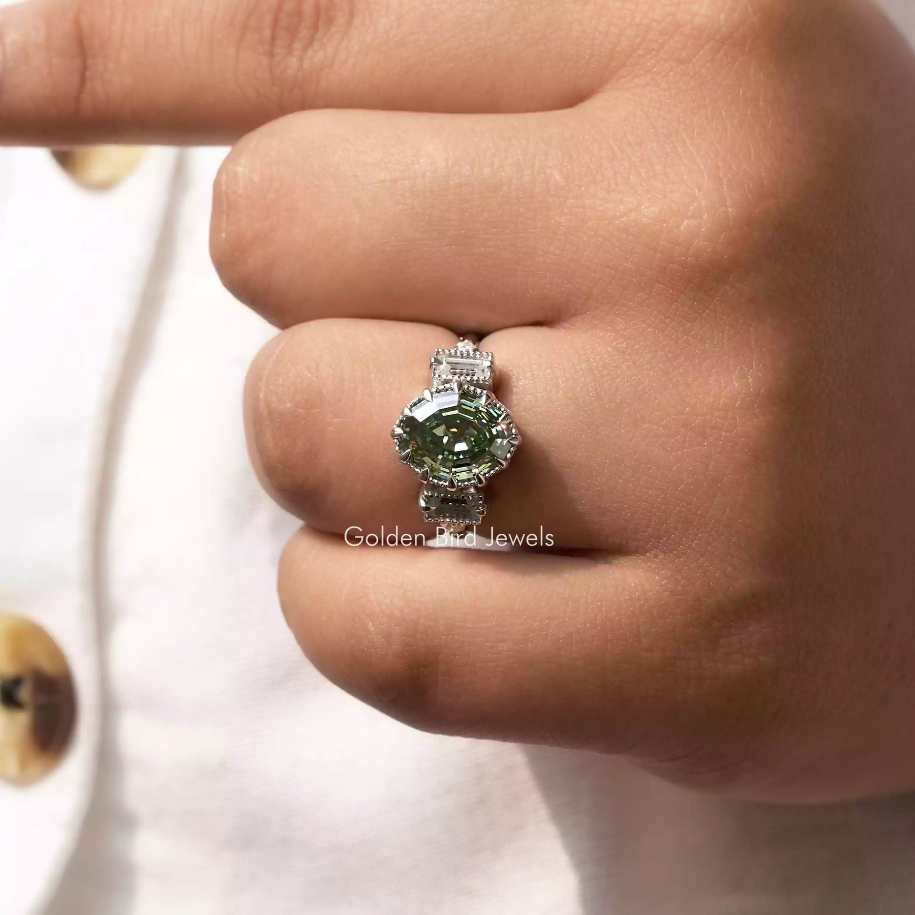 Detailed View Of Oval Cut Moissanite Engagement Ring In White Gold