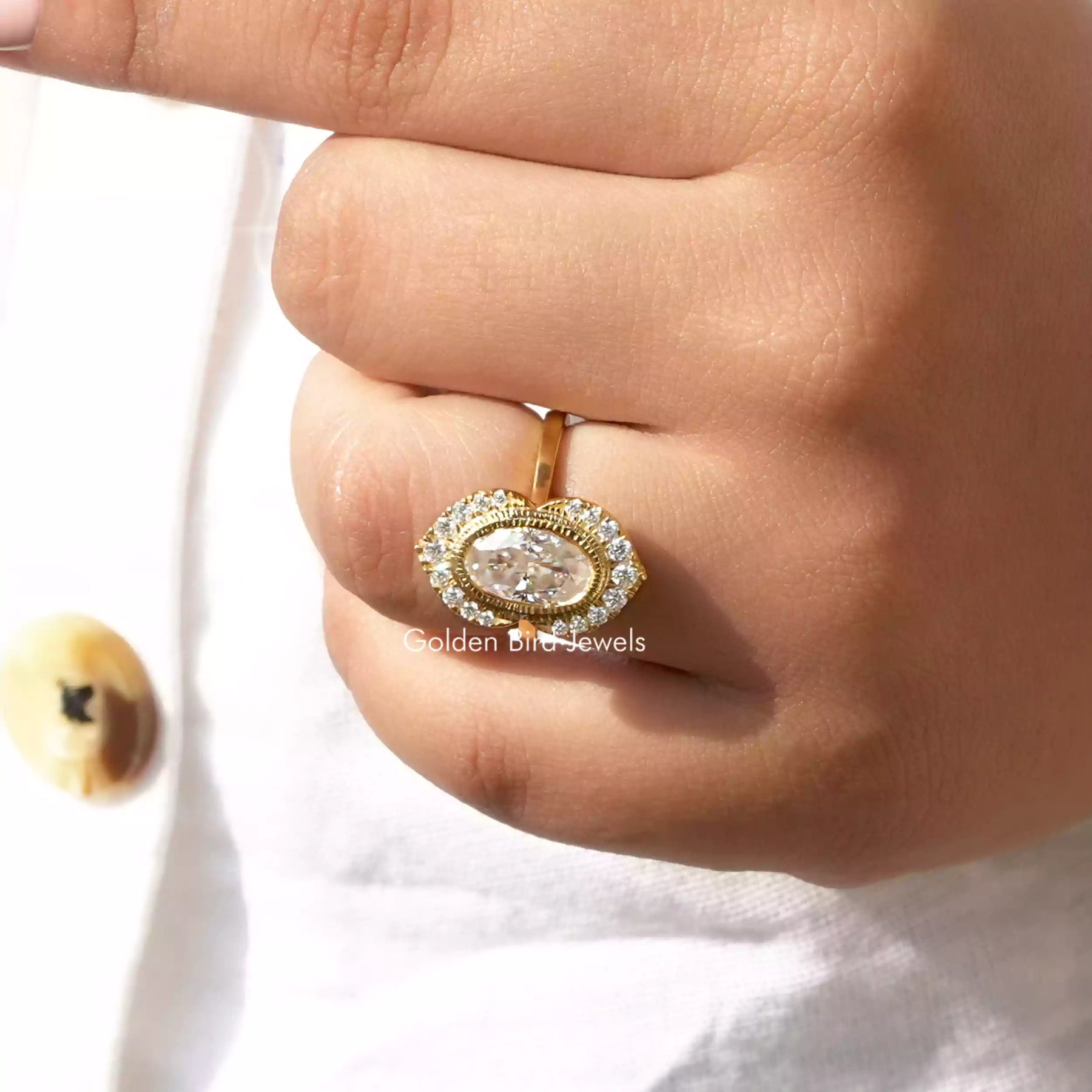 View of Moissanite Oval Cut Halo Ring With Round Cut In finger