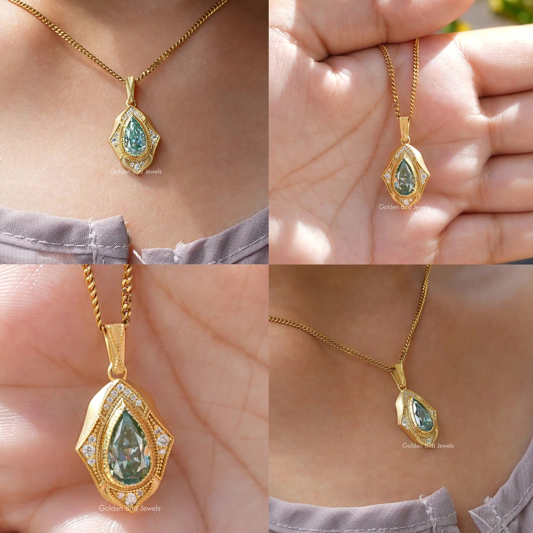 Front back side and close view of pear halo moissanite pendant