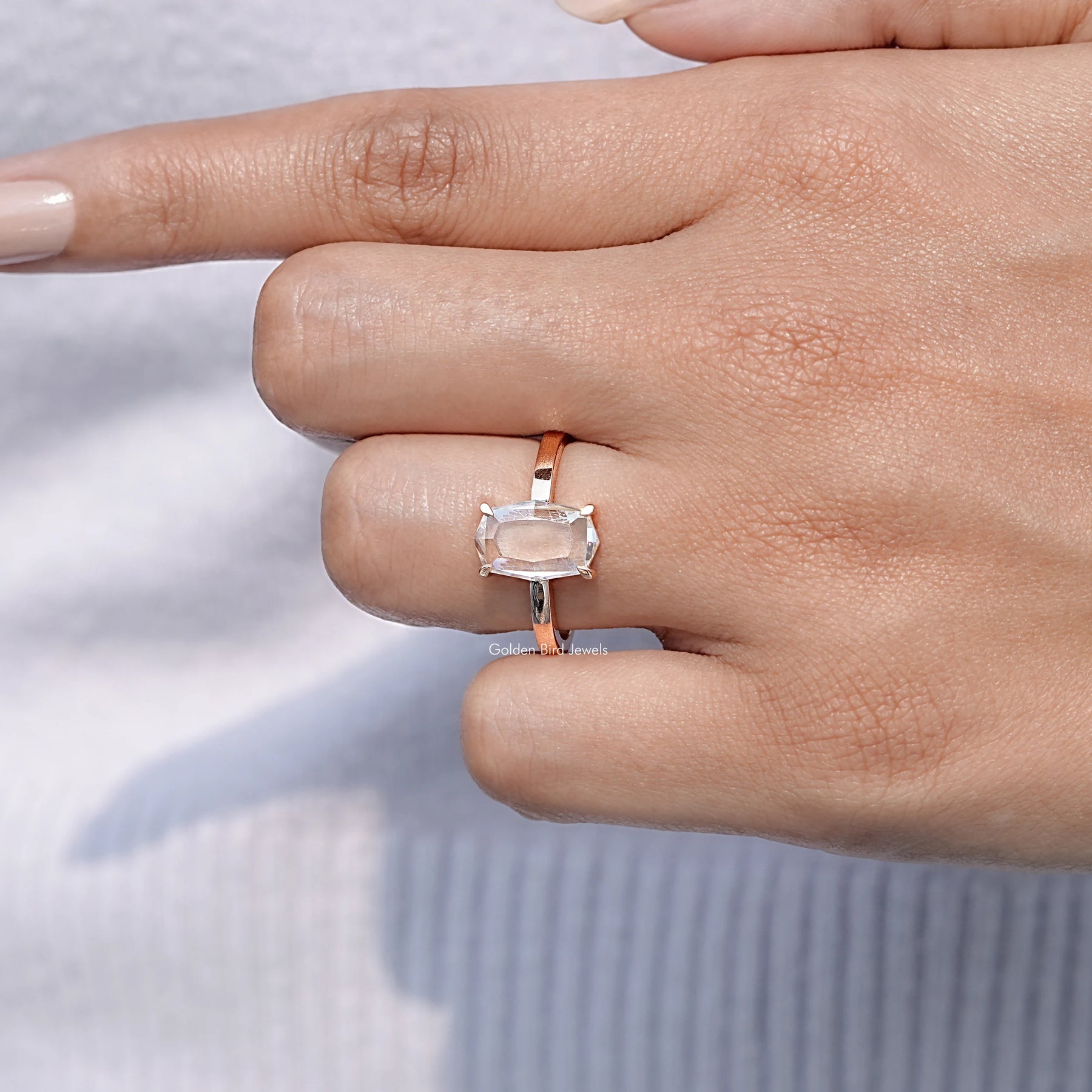 View of Pear Cut Portrait Cut Hexagon Moissanite Ring