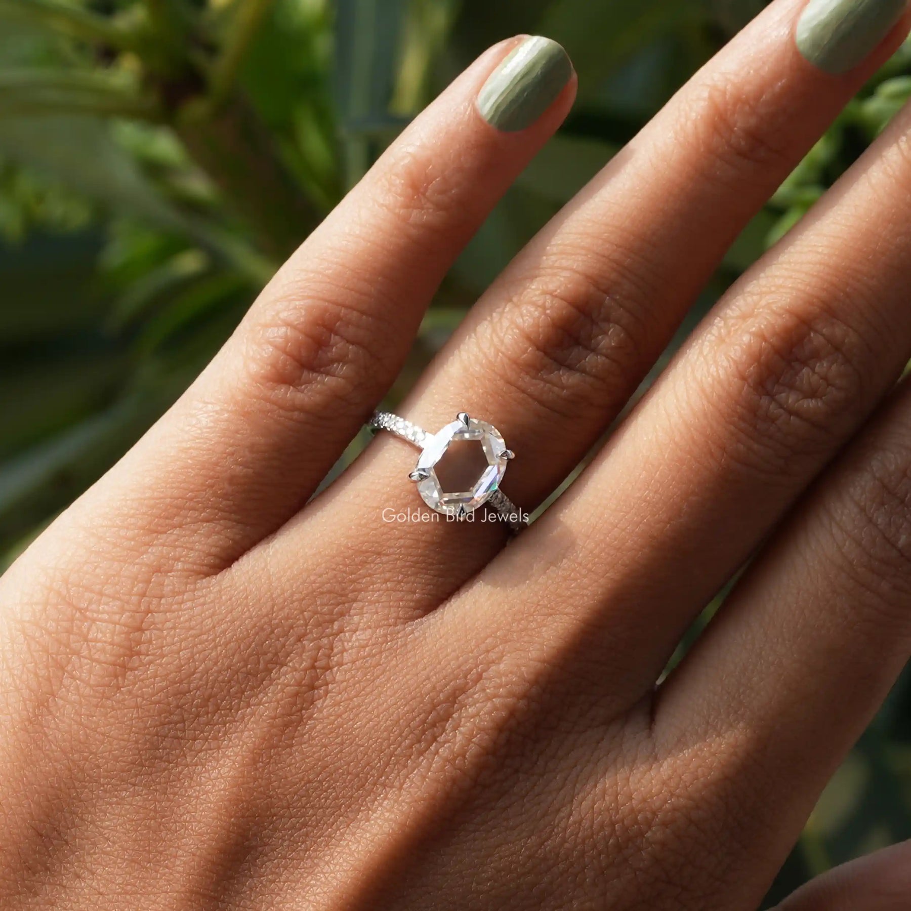 Close-Up View of Portrait Oval Cut Solitaire Moissanite Ring In White Gold
