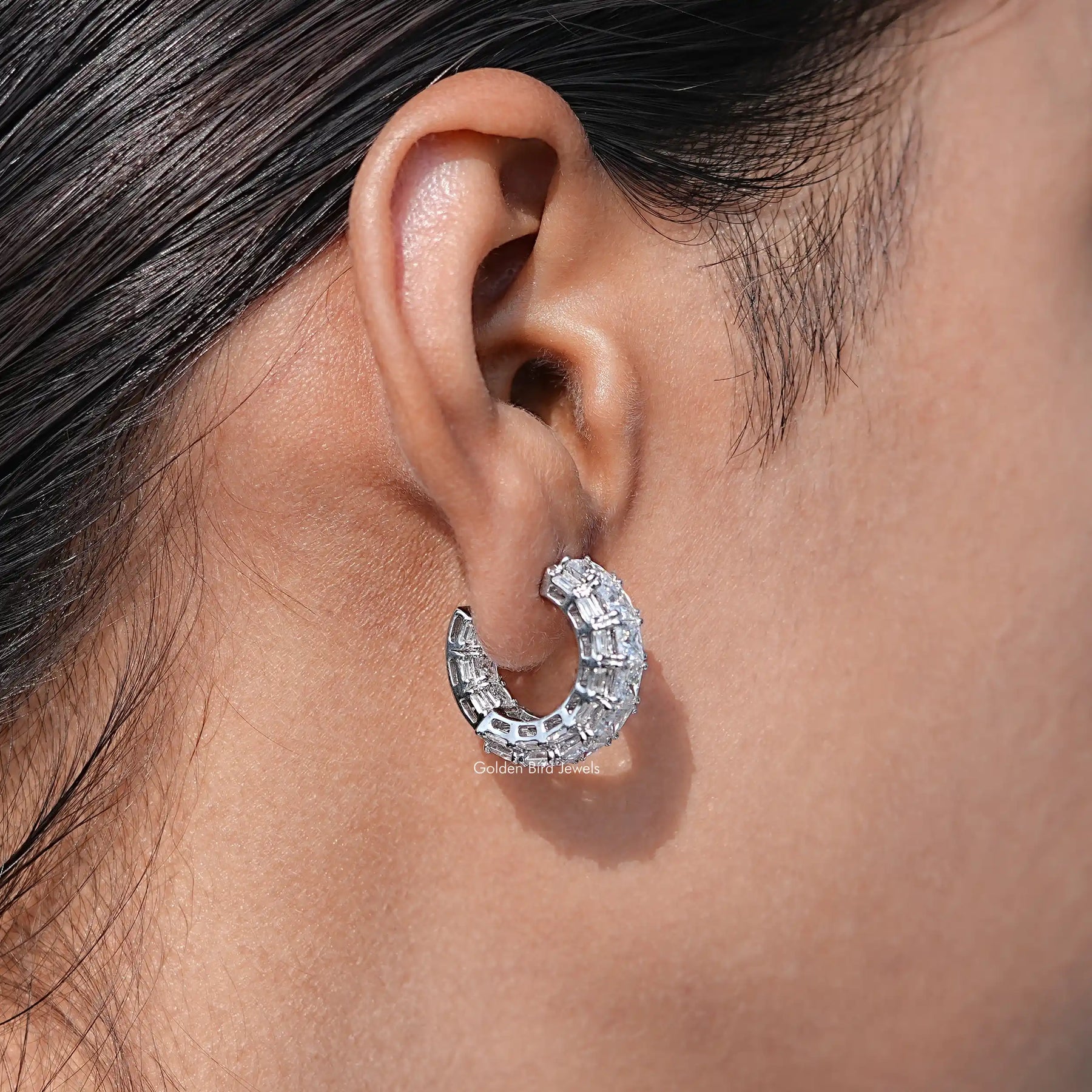 Detailed View of Princess Cut Moissanite C-Hoop Earrings In White Gold