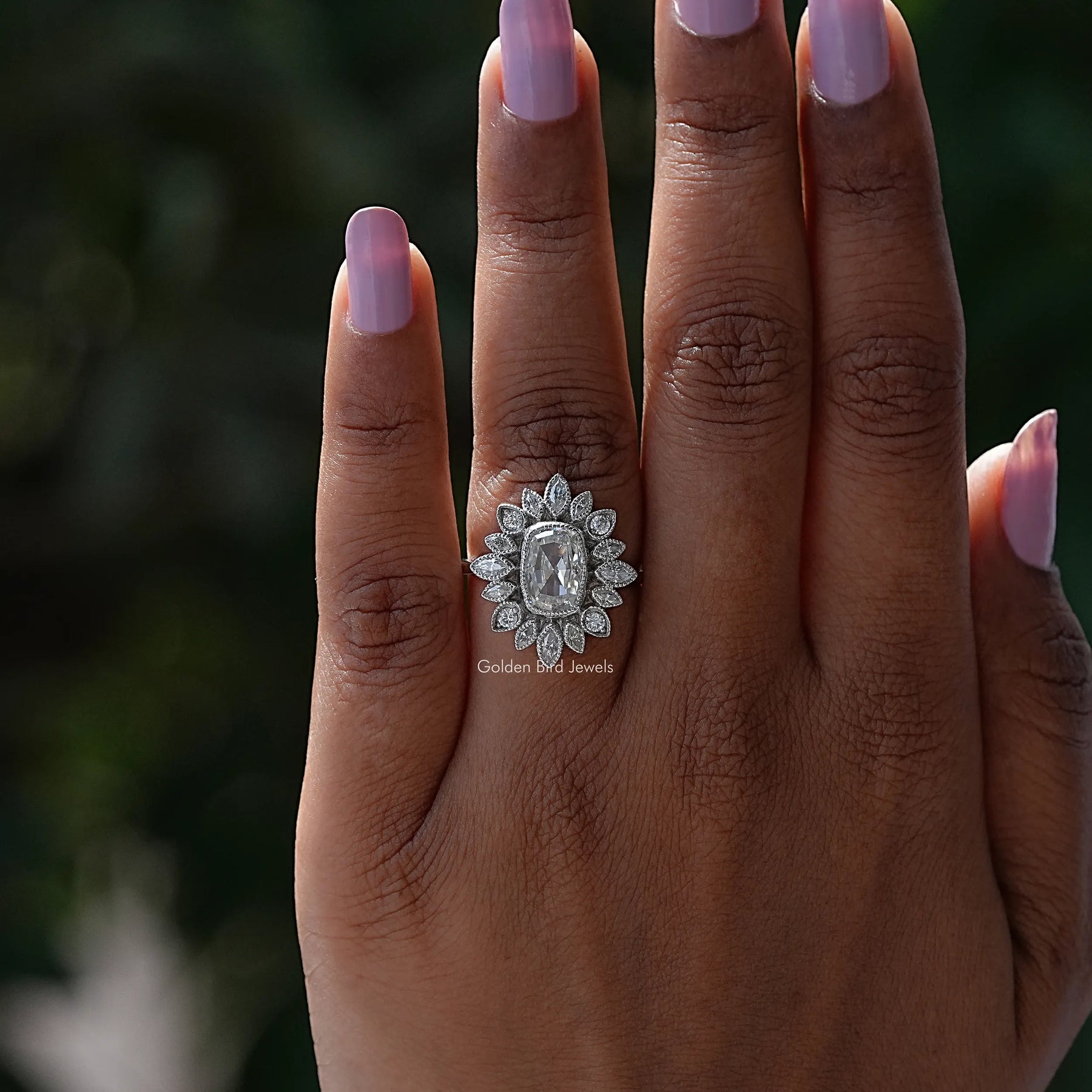 View of Cushion Cut Moissanite Ring With Marquise And Round Cut In finger