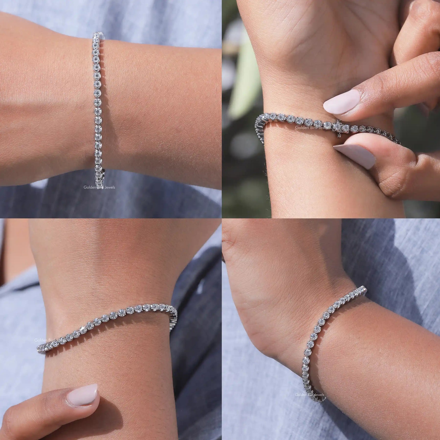Front back side and close view of moissanite tennis bracelet