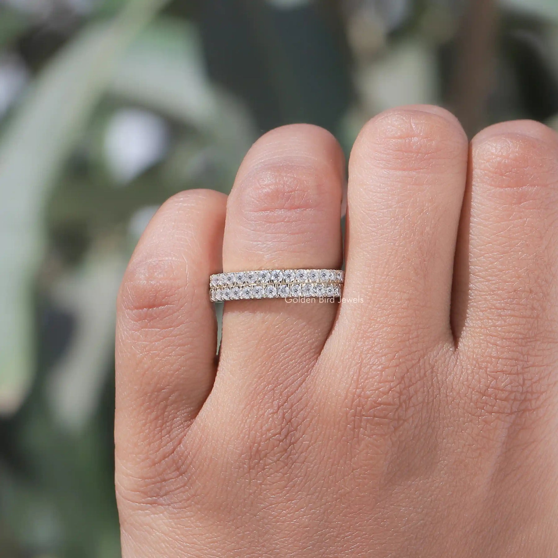 Round Cut Moissanite Two Row Eternity Band