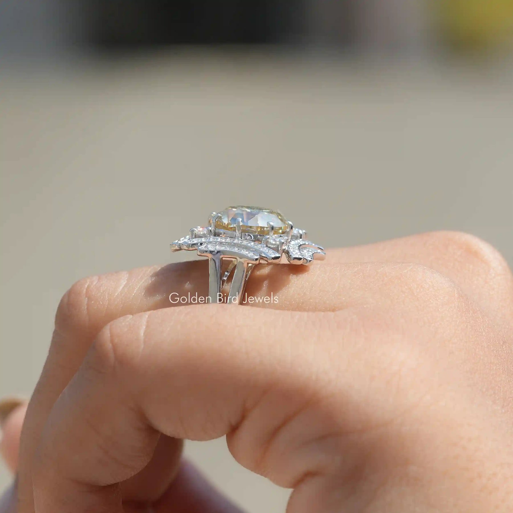 Side View of Old European Round Cut Moissanite Ring In finger